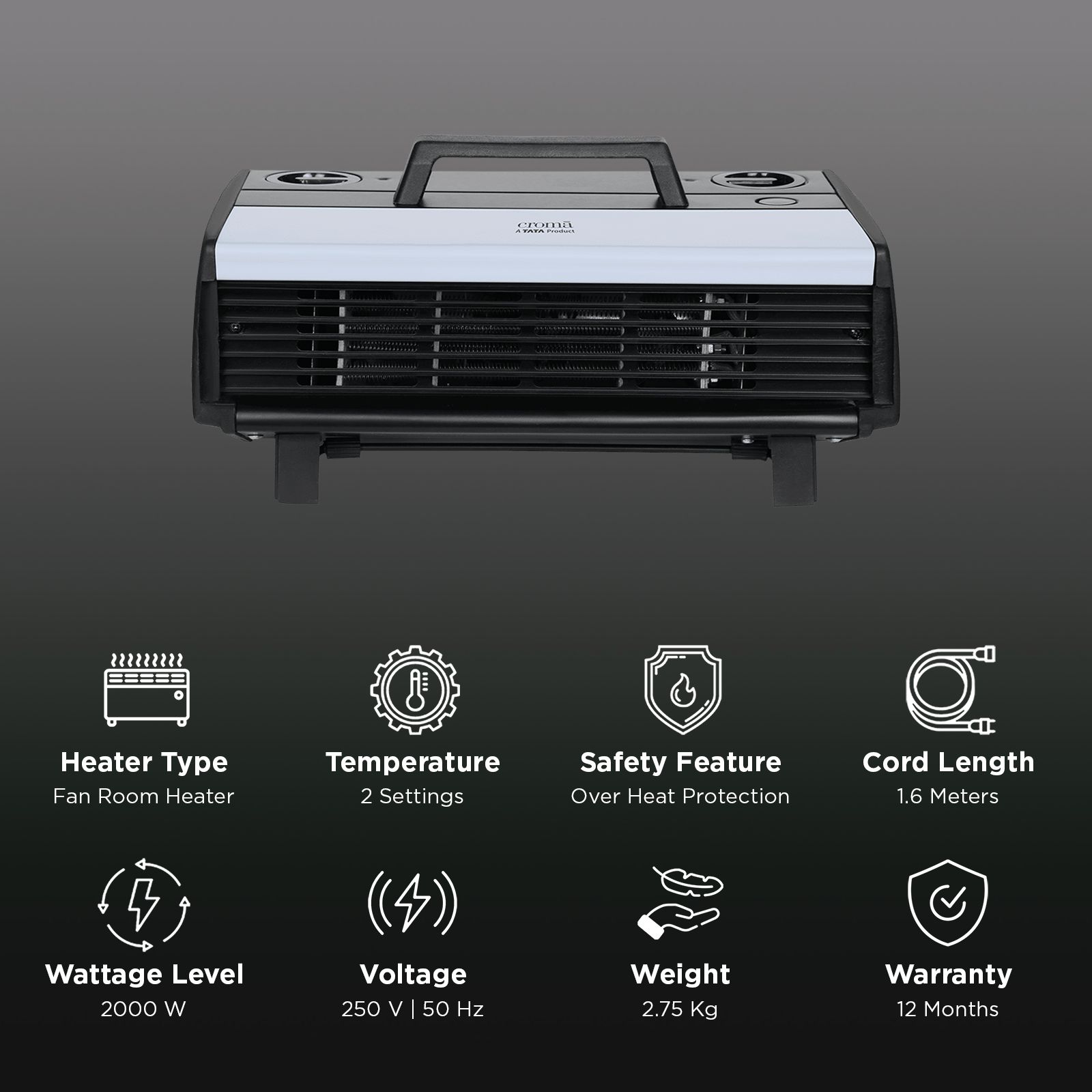 Croma 2000W Fan Room Heater with 2 Heating Modes (Adjustable Thermostat, Black & Grey)_2