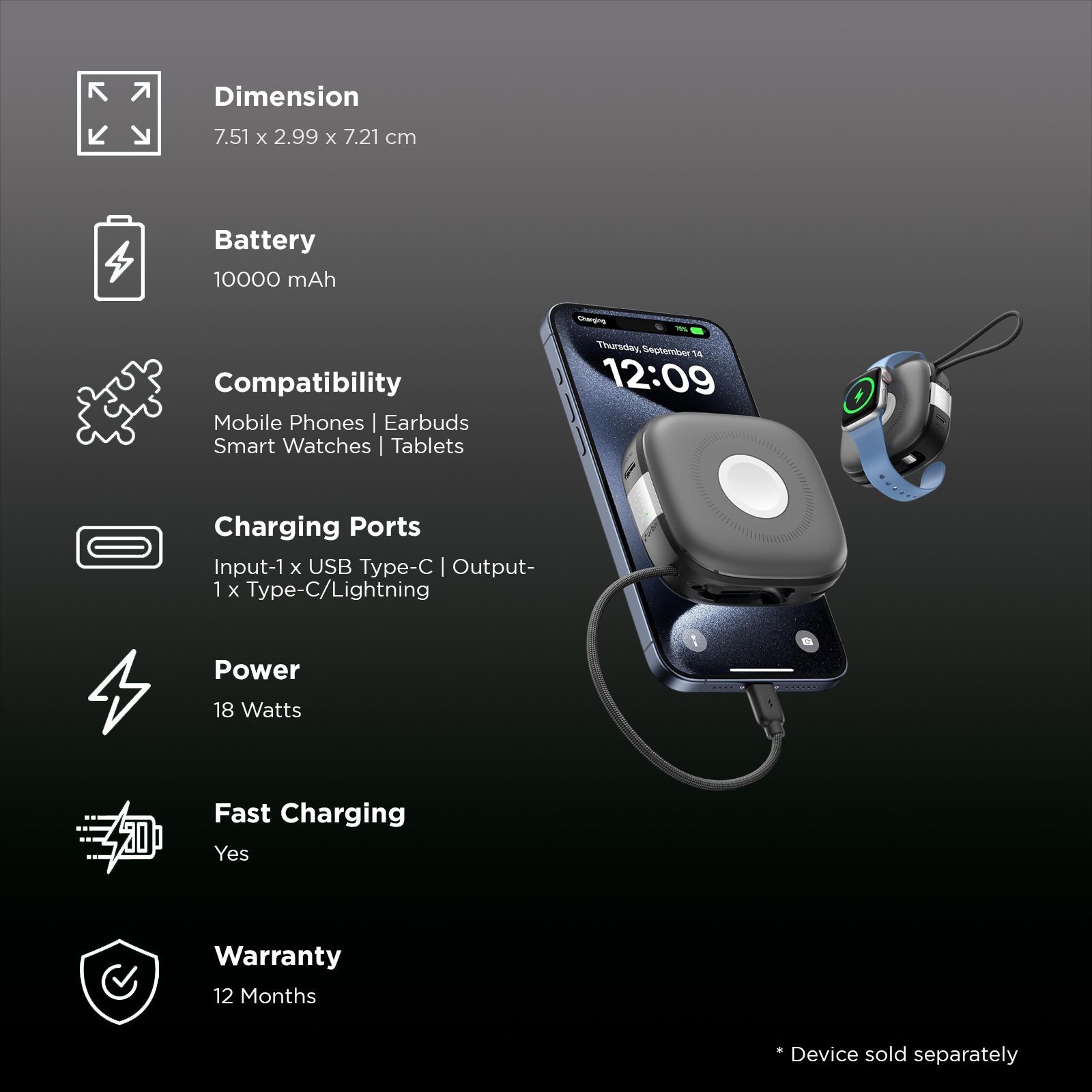 urbn Atom Link 10000 mAh 18W Fast Charging Power Bank (1 Type C Port, 12 Layers Circuit Protection, Black)_3