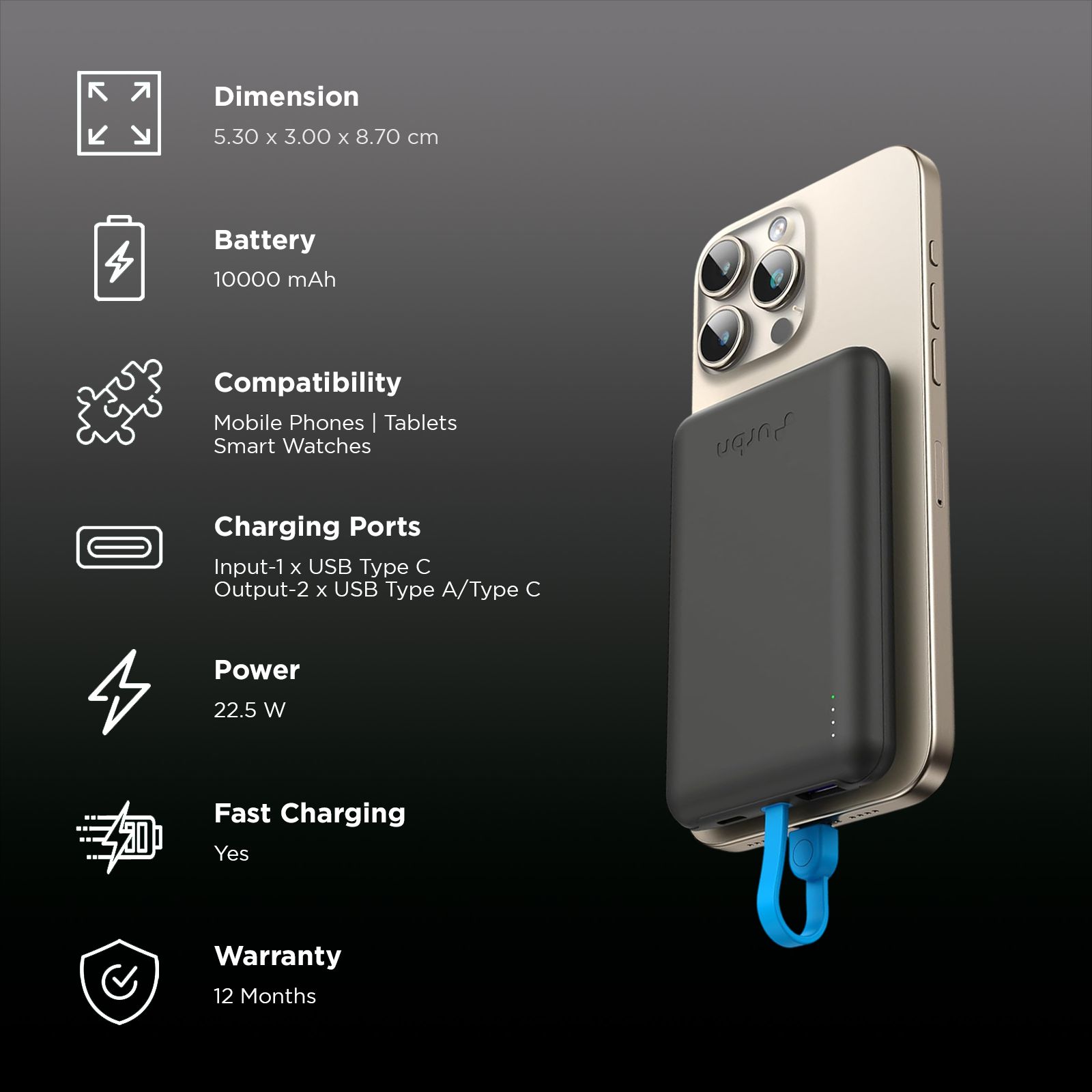 urbn Mag Link 10000 mAh 22.5W Fast Charging Power Bank (2 Type C & 1 Type A Port, 12 Layers Circuit Protection, Black)_3