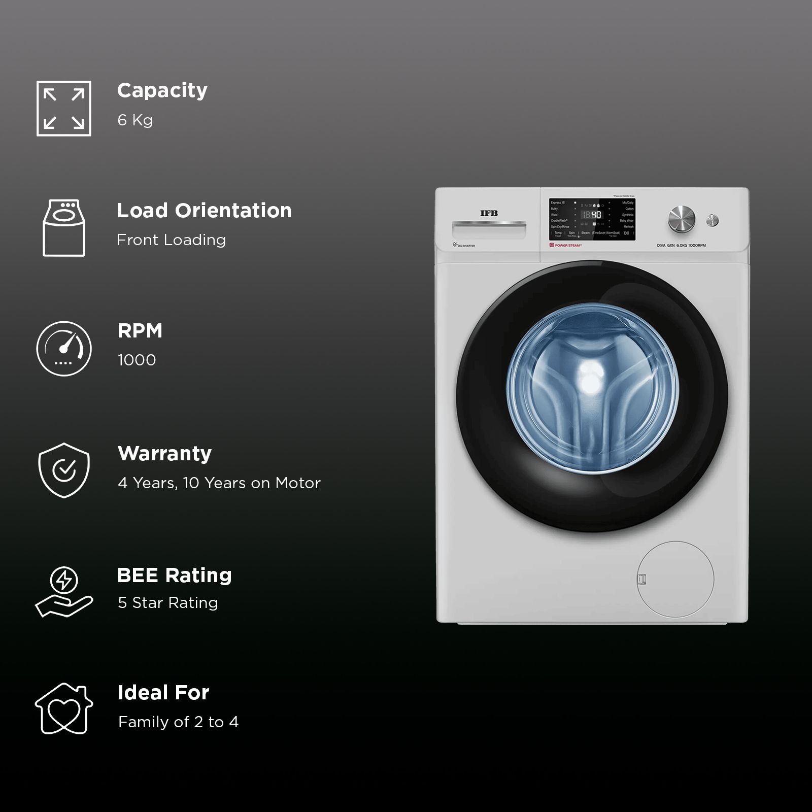 IFB 6 kg 5 Star Inverter Fully Automatic Front Load Washing Machine (Diva GXN 6010K, Eco Inverter Motor, Grey) IFB 6 kg 5 Star Inverter Fully Automatic Front Load Washing Machine (Diva GXN 6010K, Eco Inverter Motor, Grey)_3