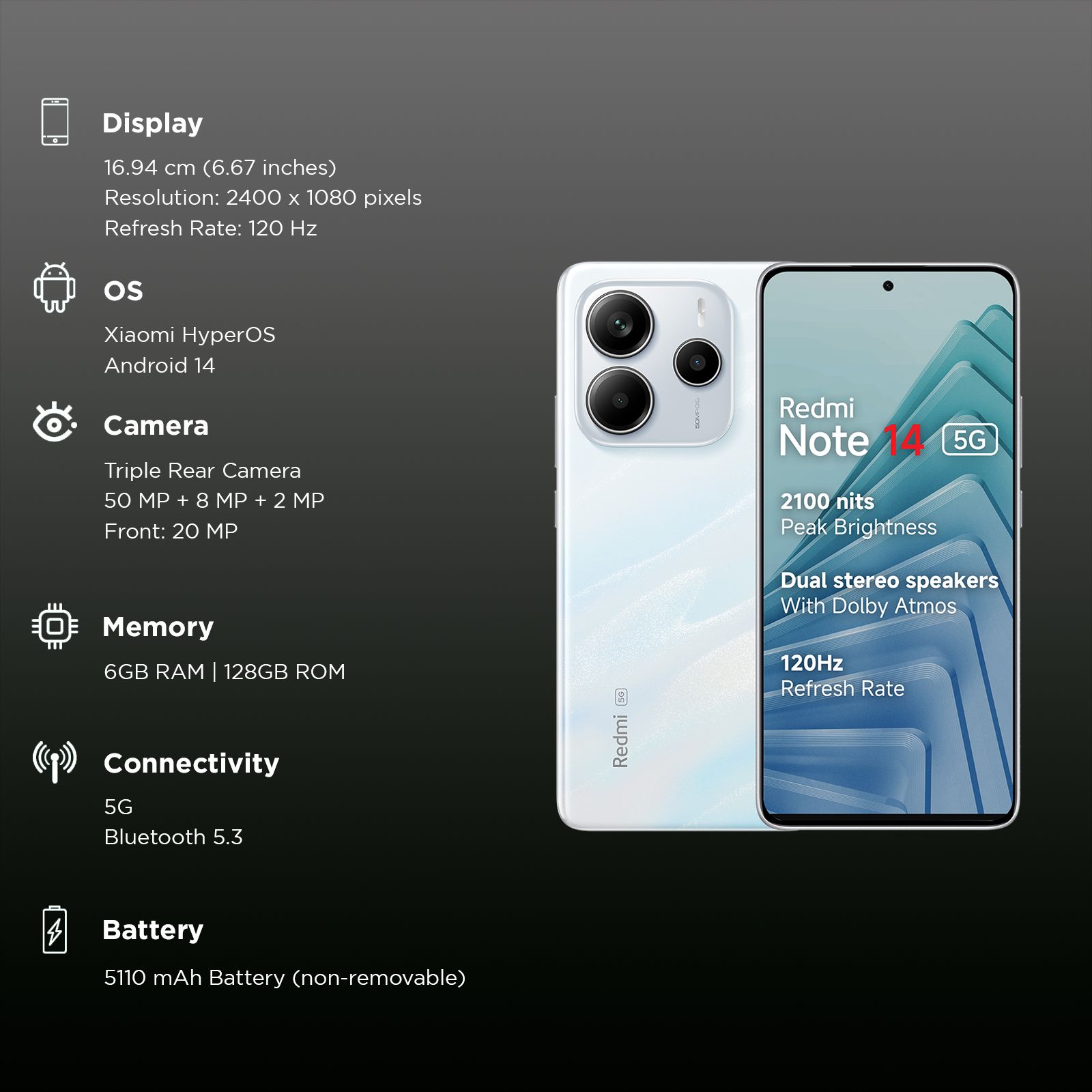 Redmi Note 14 5G (6GB RAM, 128GB, Mystique White)_3