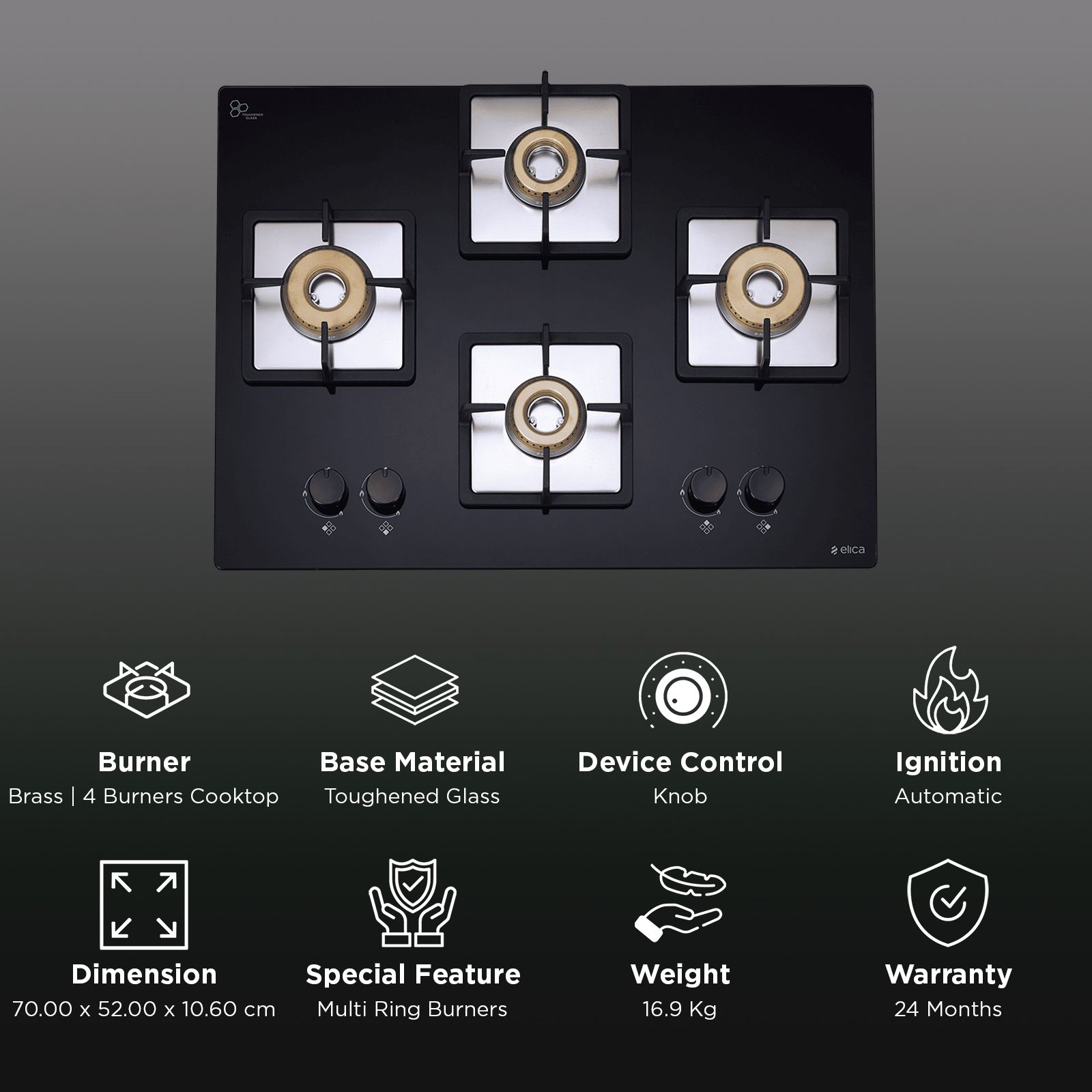 elica FLEXI HCT 470 DX LOTUS Toughened Glass Top 4 Burner Automatic Hob (Cast Iron Grid, Black)_3