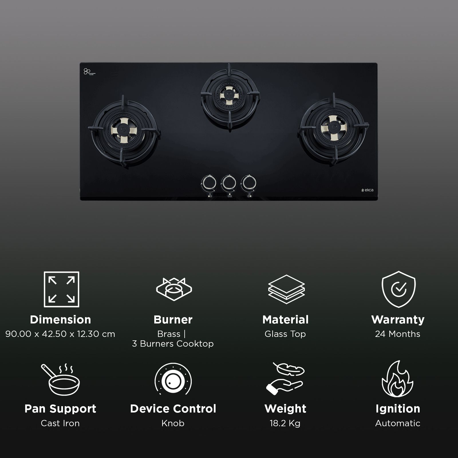 elica FLEXI DFS FB MFC 3B 90 DX Glass Top 3 Burner Automatic Hob (Cast Iron Pan Support with Heat Guard, Black)_3