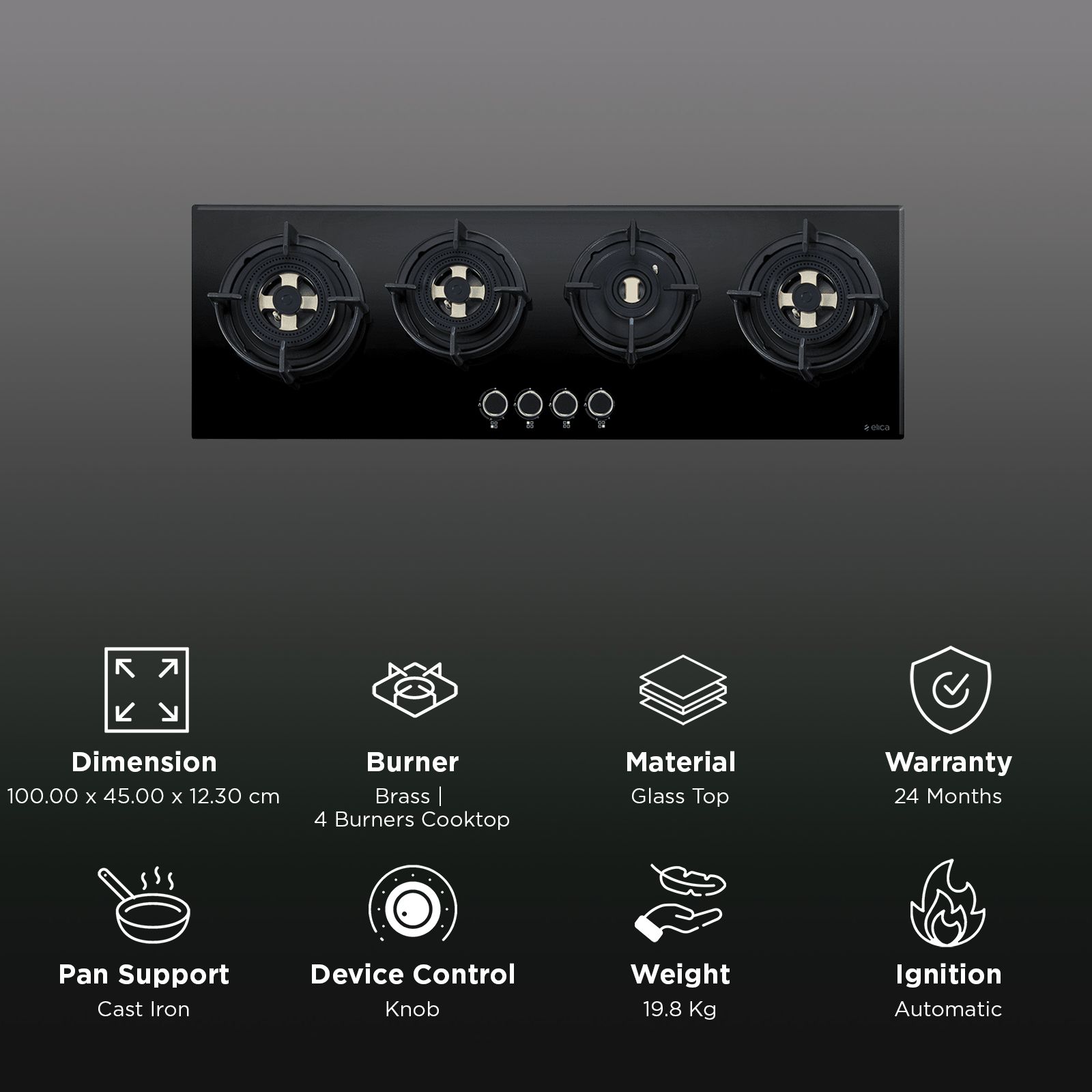 elica DFS FB MFC 4B 100 DX Glass Top 4 Burner Automatic Hob (Cast Iron Pan Support with Heat Guard, Black)_3