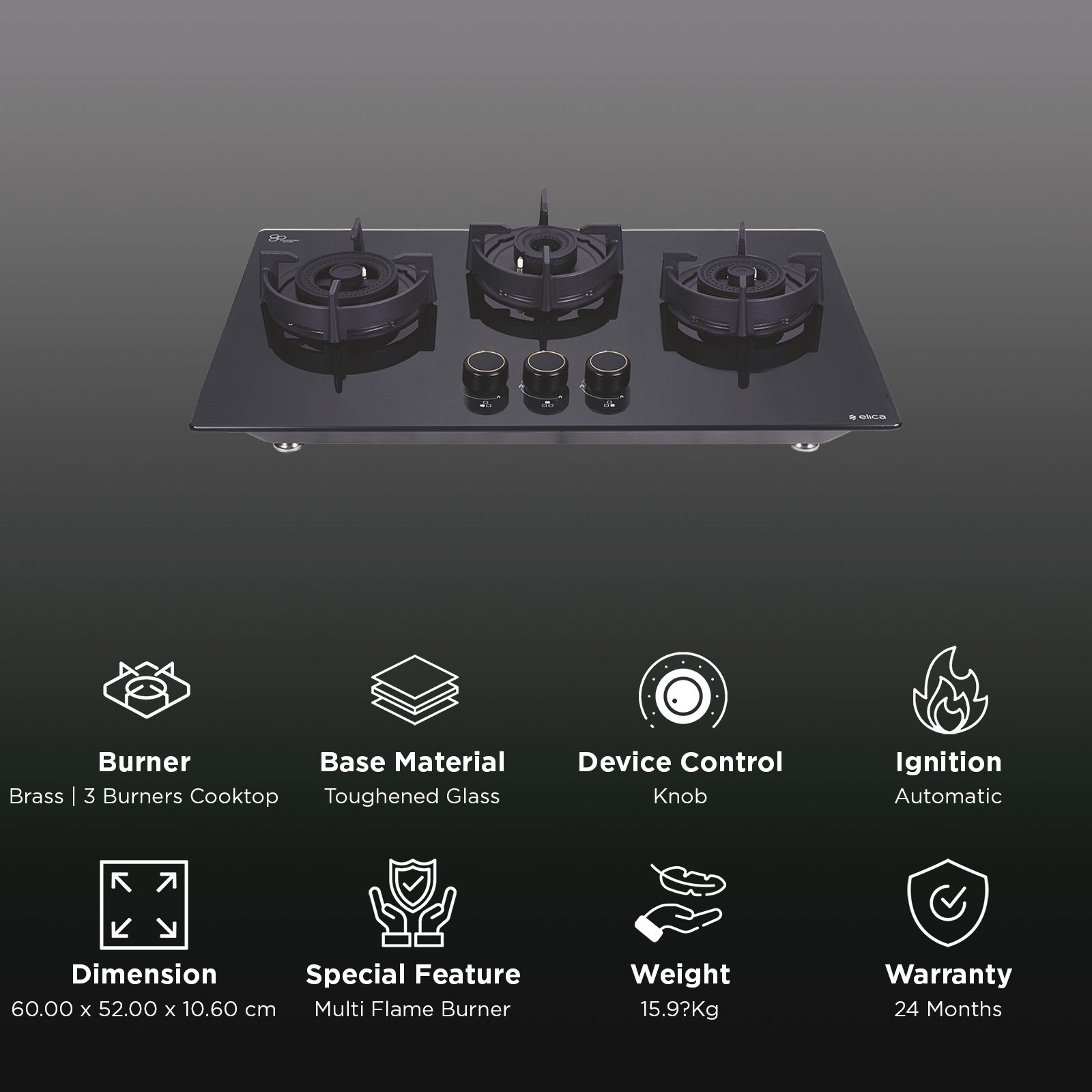 elica FLEXI DFS AB 3B 60 DX Glass Top 3 Burner Automatic Hob (Cast Iron Pan Support with Heat Guard, Black)_3