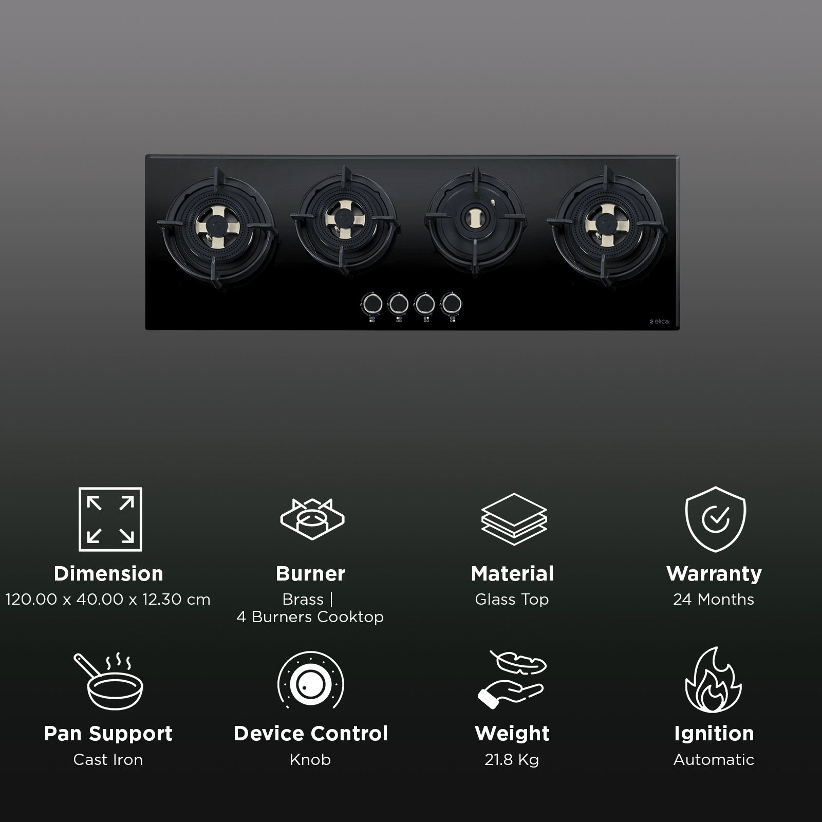 elica DFS FB MFC 4B 120 DX Glass Top 4 Burner Automatic Hob (Cast Iron Pan Support with Heat Guard, Black)_3