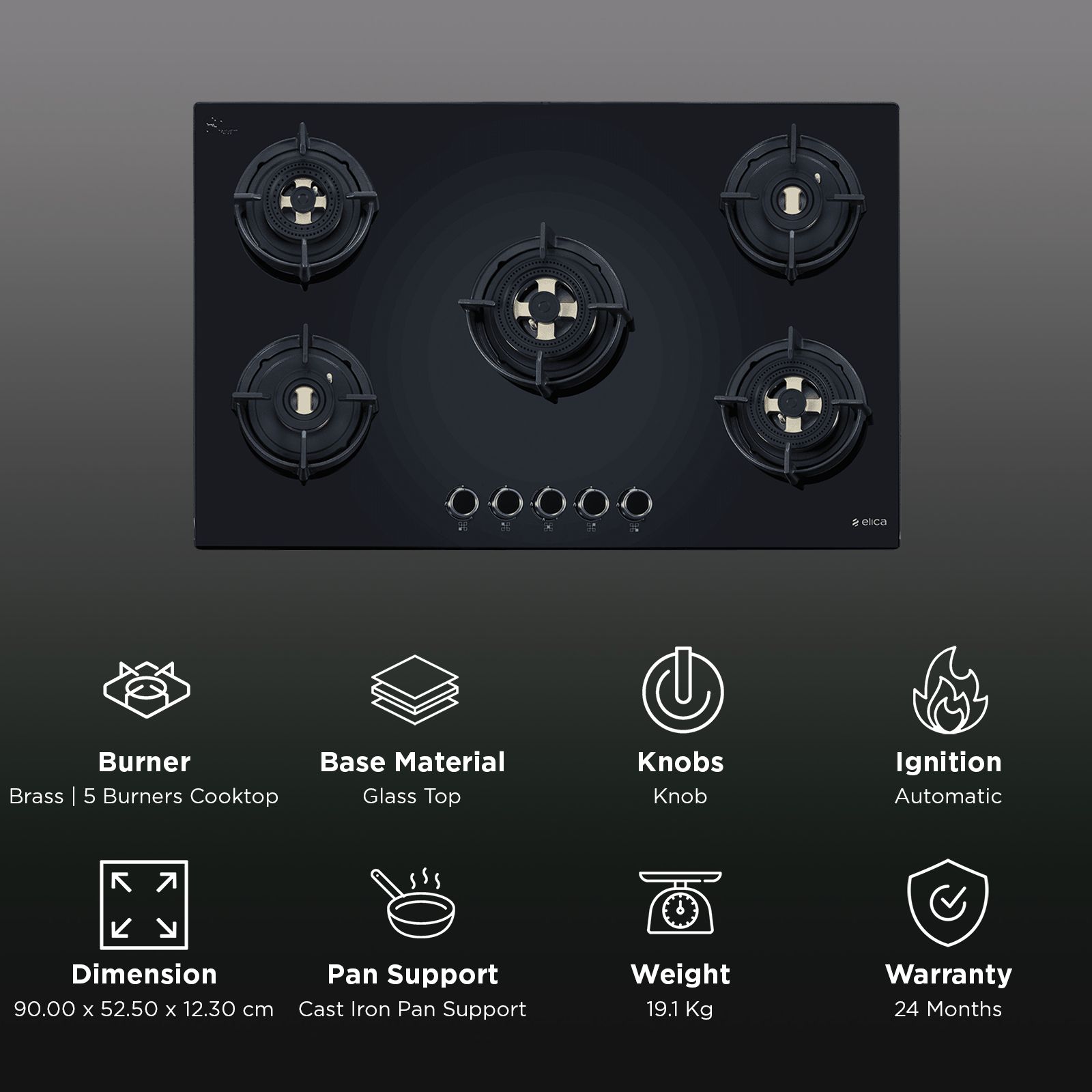 elica FLEXI DFS FB MFC 5B 90 Glass Top 5 Burner Automatic Hob (Cast Iron Pan Support with Heat Guard, Black)_3