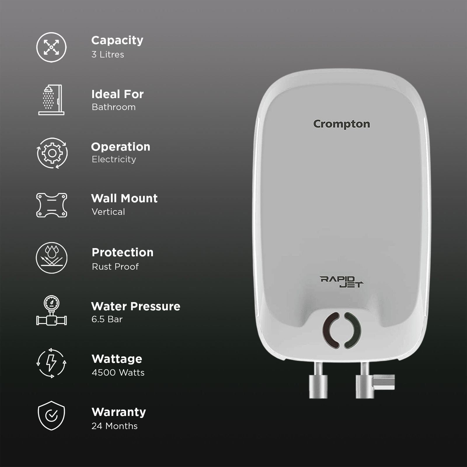 Crompton Rapid Jet 3 Litre 5 Star Vertical Instant Geyser with Advanced 4 Level Safety (White) Crompton Rapid Jet 3 Litre 5 Star Vertical Instant Geyser with Advanced 4 Level Safety (White)_3