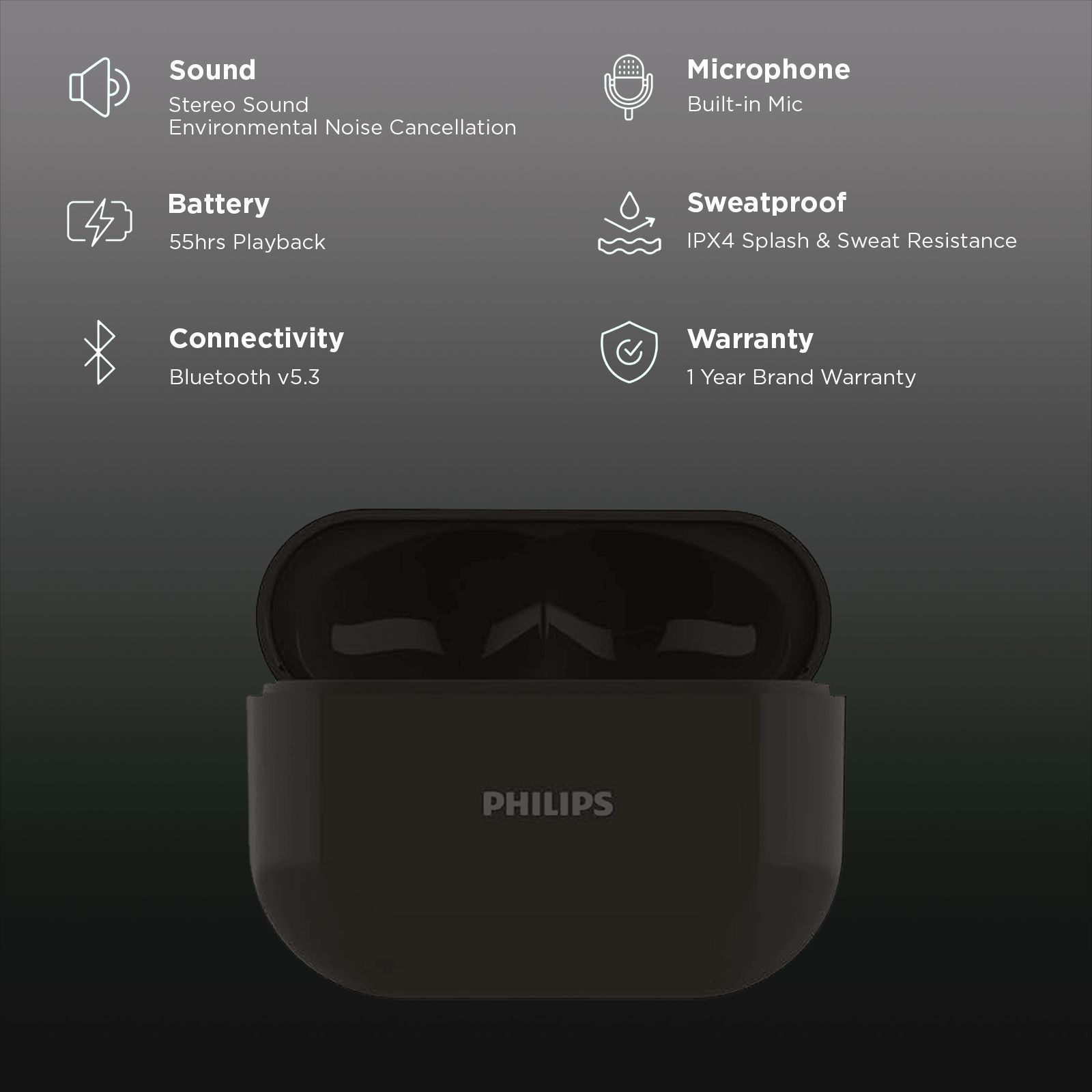 PHILIPS TAT1169BK/94 TWS Earbuds with Environmental Noise Cancellation (IPX4 Splash & Sweat Resistant, Dynamic Drivers, Black)_2