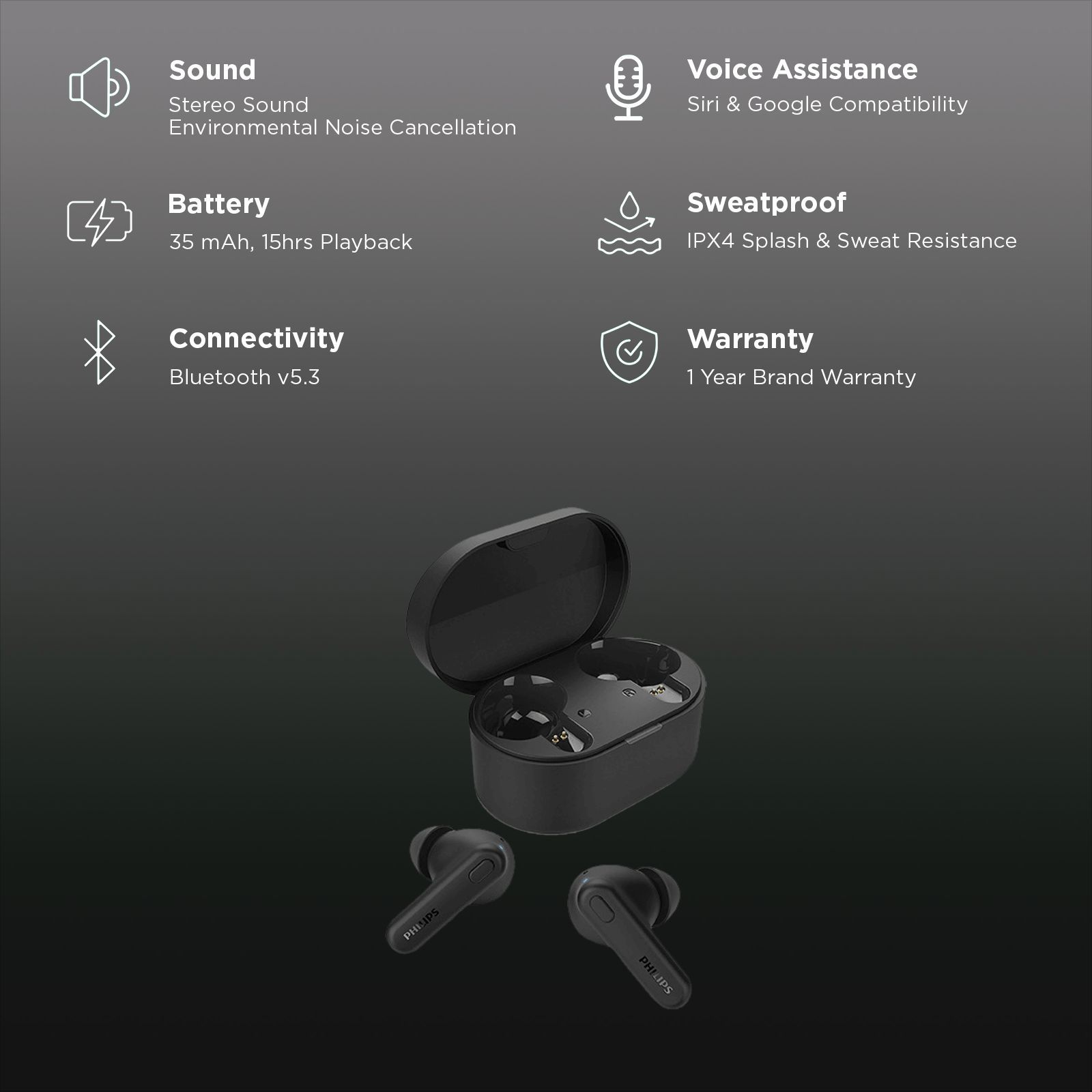 PHILIPS TAT1108BK/00 TWS Earbuds with Environmental Noise Cancellation (IPX4 Splash and Sweat Resistant, Dynamic Drivers, Black)_2