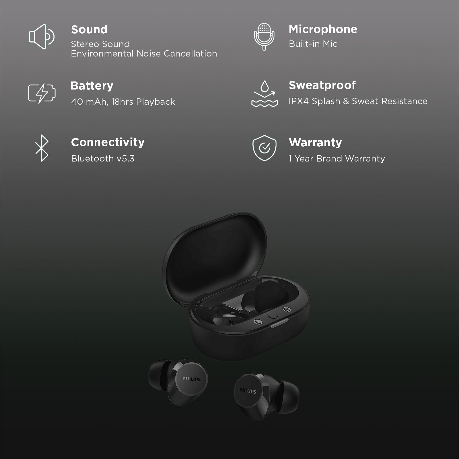 PHILIPS TAT1209BK/00 TWS Earbuds with Environmental Noise Cancellation (IPX4 Splash & Sweat Resistant, Dynamic Drivers, Black)_2