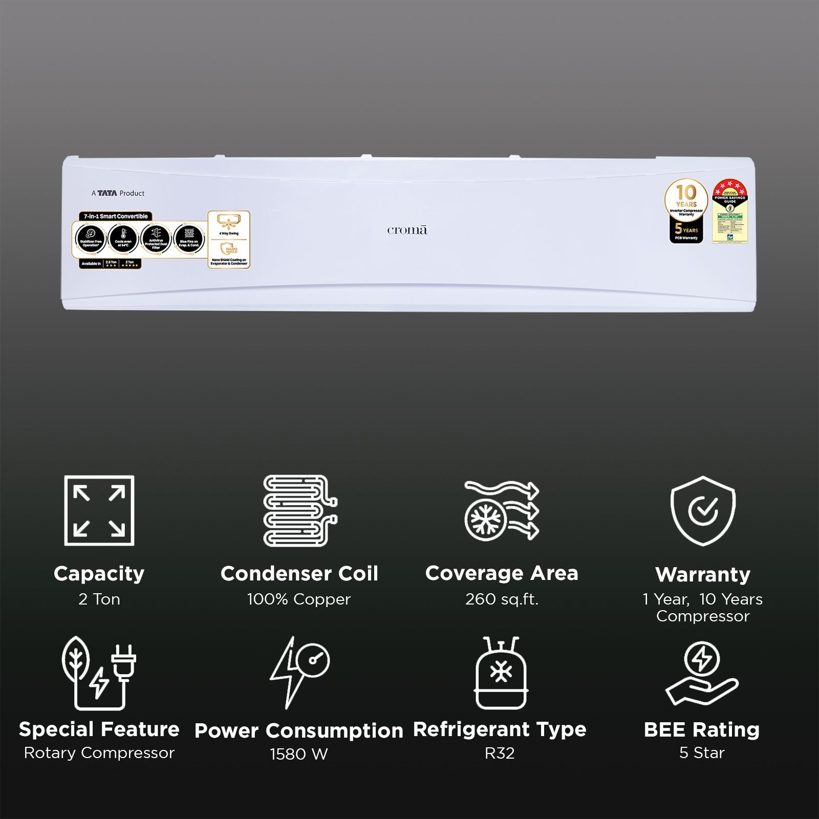 Croma 7 in 1 Convertible 2 Ton 5 Star Inverter Split AC with PM 2.5 Filter (2025 Model, Copper Condenser, CRLA024INF170279)_2
