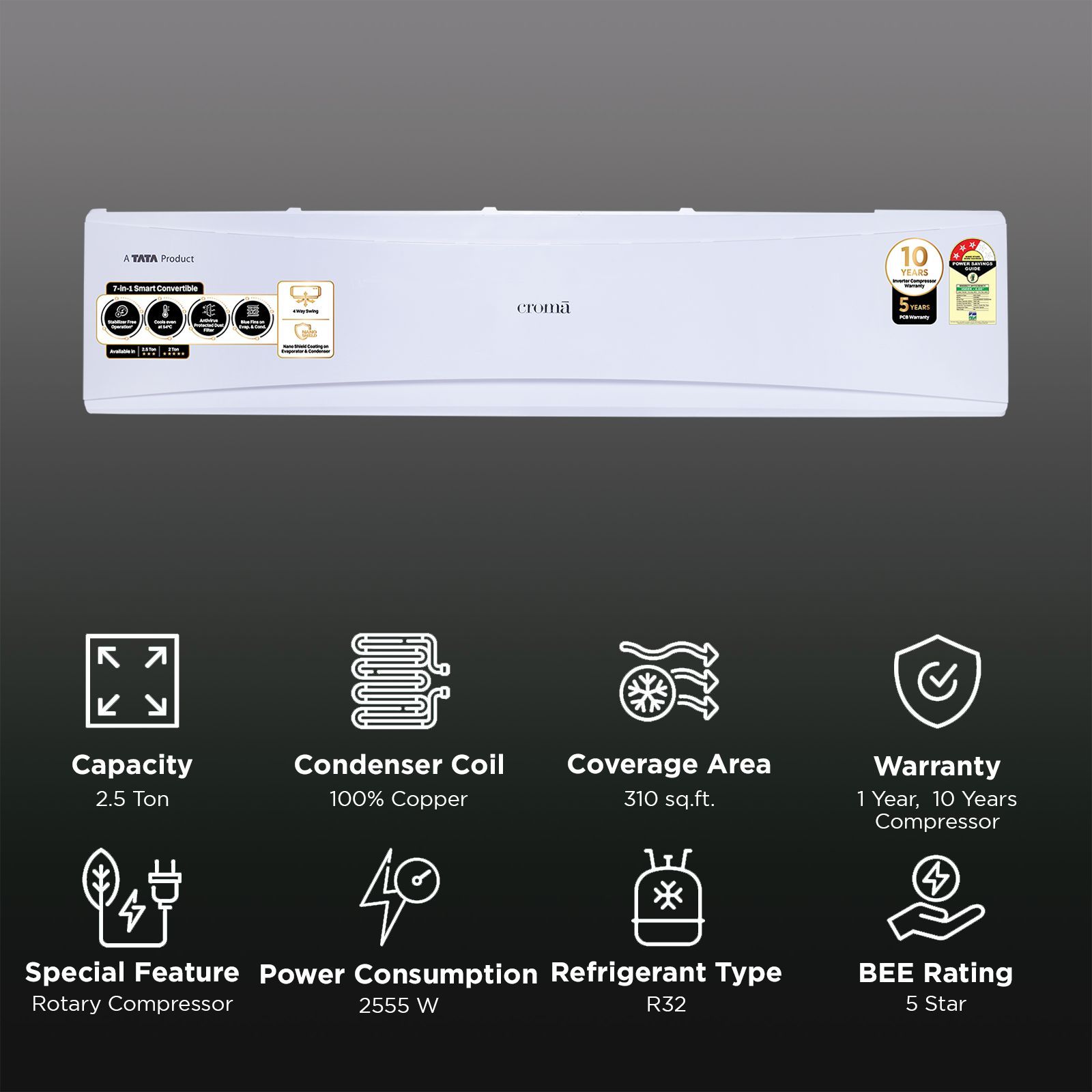 Croma 7 in 1 Convertible 2.5 Ton 3 Star Inverter Split AC with PM 2.5 Filter (2025 Model, Copper Condenser, CRLA026IND170280)_2