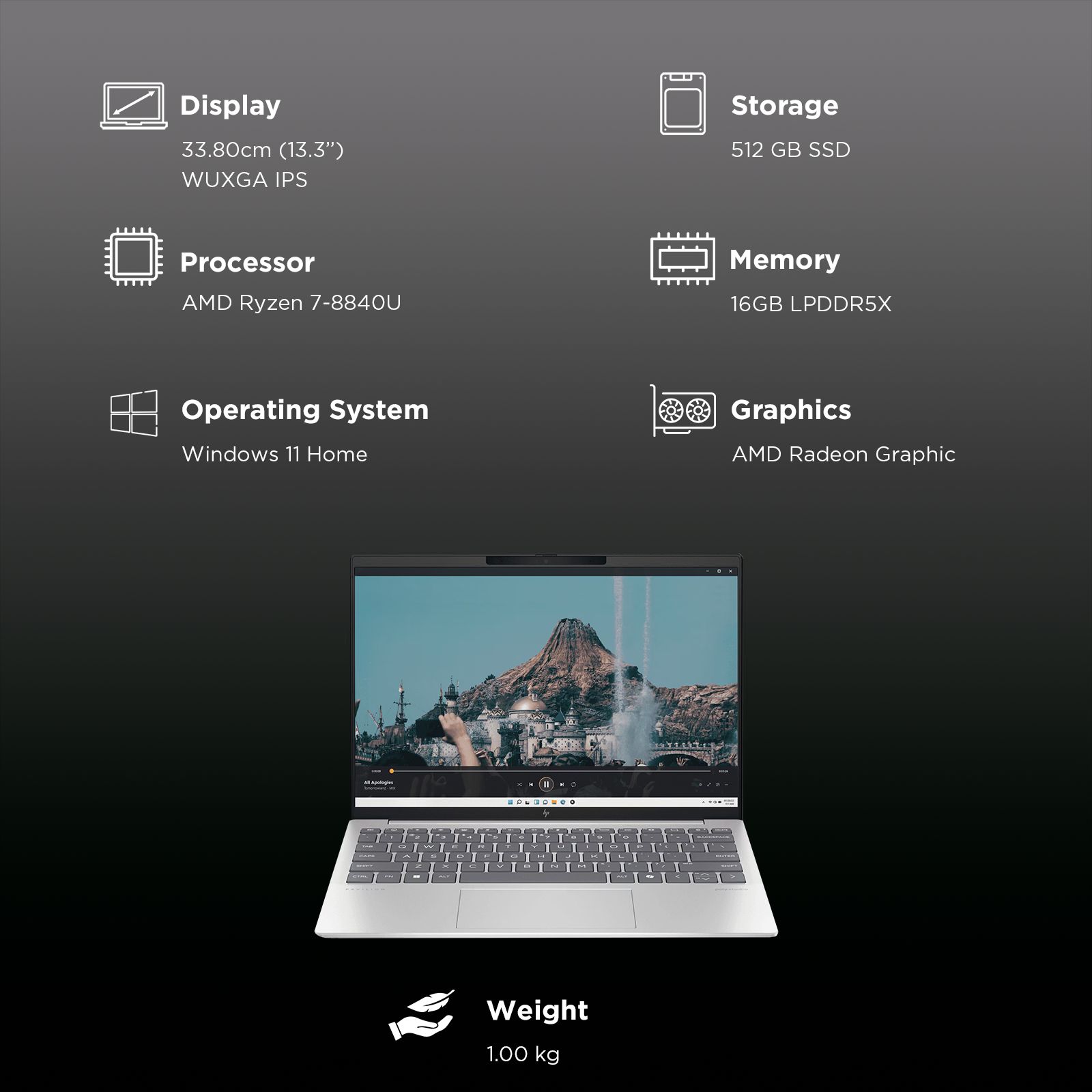 HP Pavilion Aero 13-bg0017AU AMD Ryzen 7-8840U Thin & Light Laptop (16GB, 512GB SSD, Windows 11 Home, 13.3 inch WUXGA IPS Display, MS Office 2021, Natural Silver, 1 KG)_3