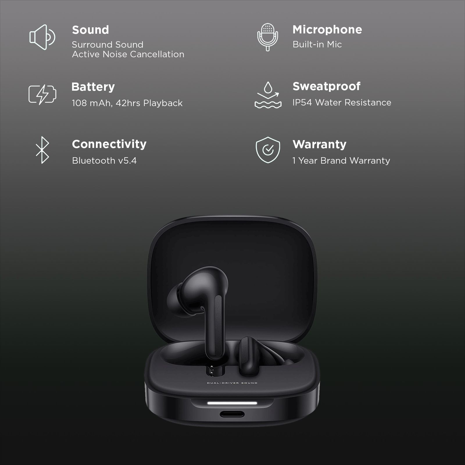 Redmi Buds 6 TWS Earbuds with Hybrid Active Noise Cancellation (IP54 Water Resistant, 42 Hours Playback, Spectre Black)_2