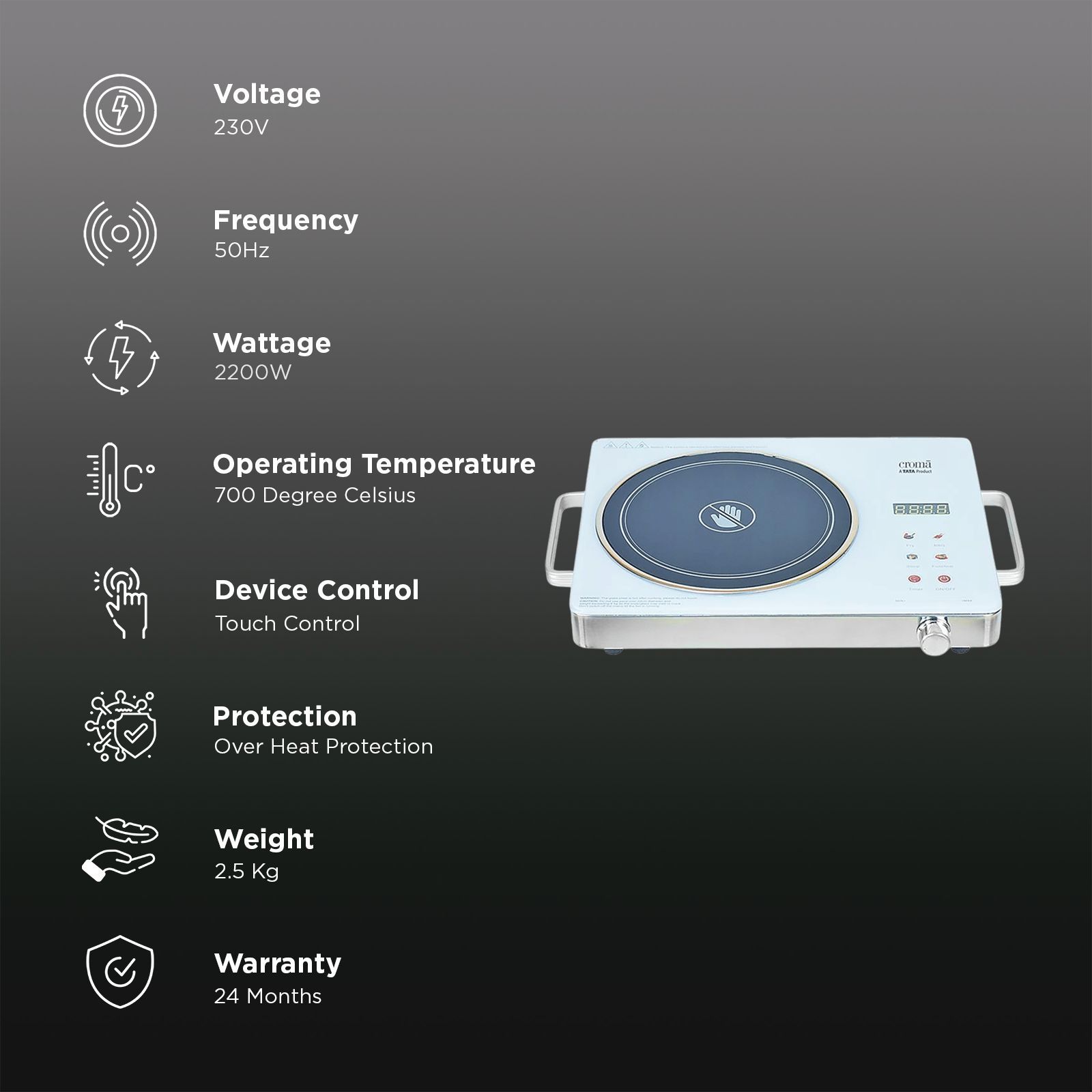 Croma Infrared 2200W Induction Cooktop with 3 Preset Menus_3