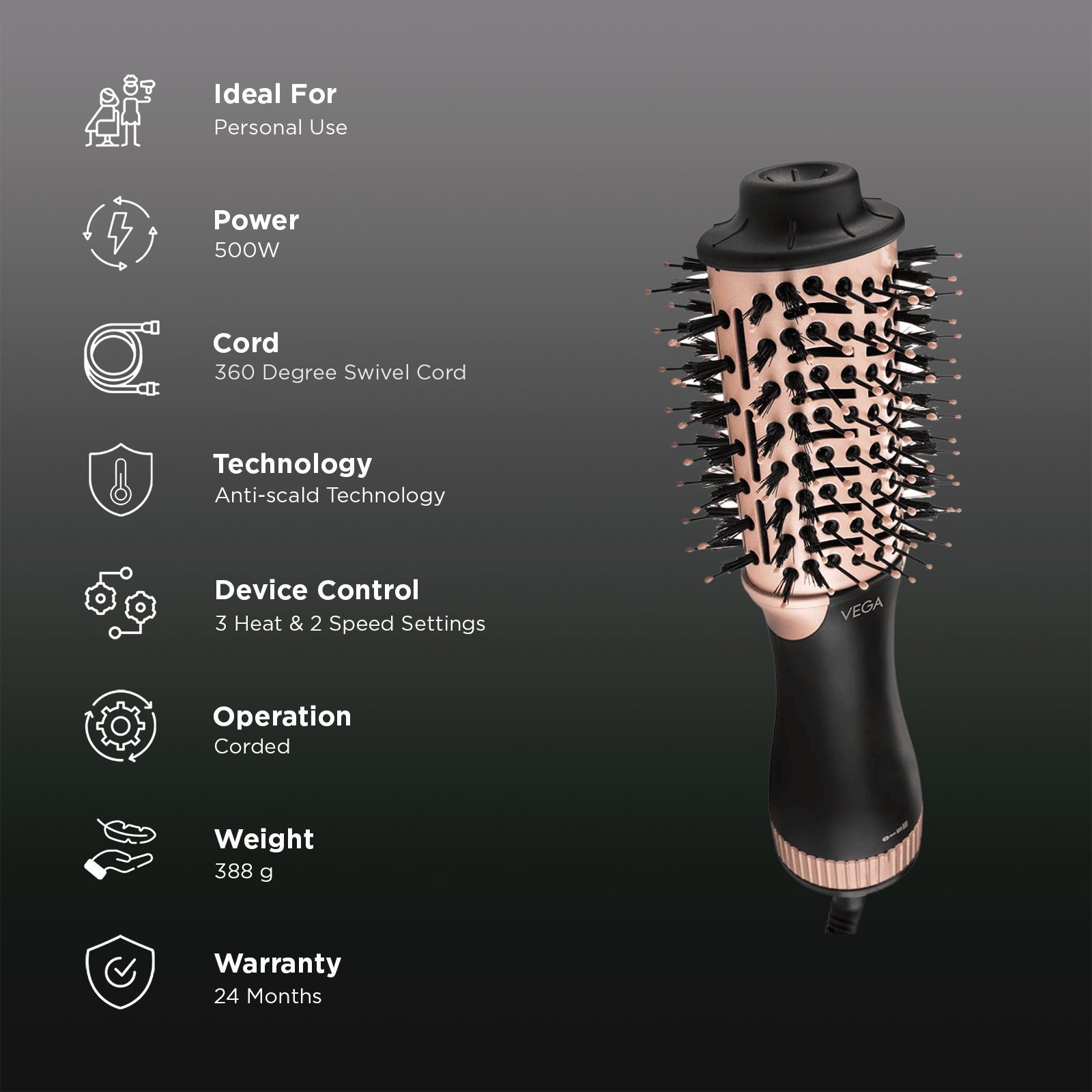 VEGA LitStyle L3 Hair Dryer Brush with 3 Heat Settings (Tourmaline Ceramic Coated Barrel, Black and Gold)_3