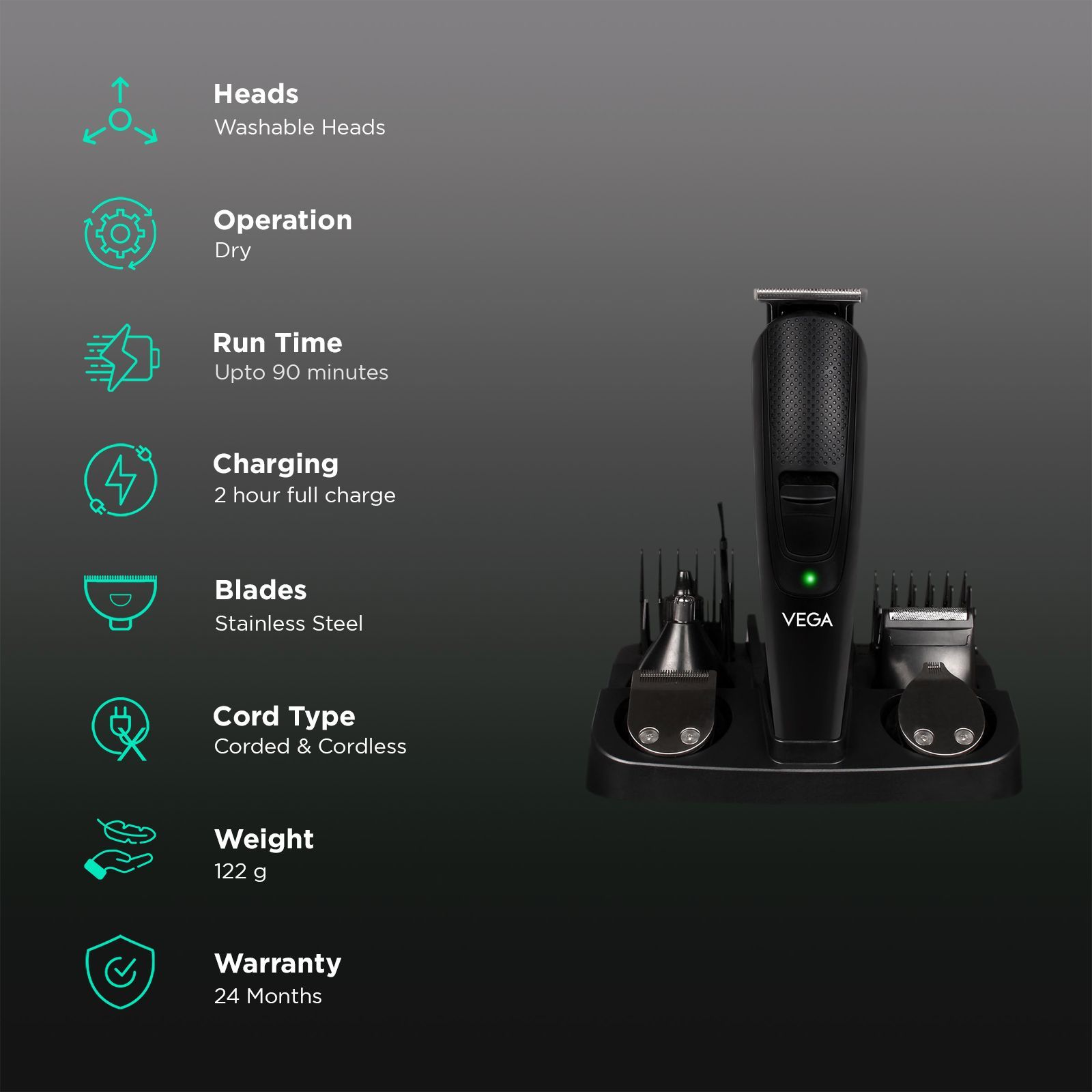 VEGA VHTH-23 10-in-1 Rechargeable Cord & Cordless Grooming Kit for Face & Body for Men (90mins Runtime, USB Charging, Black)_2