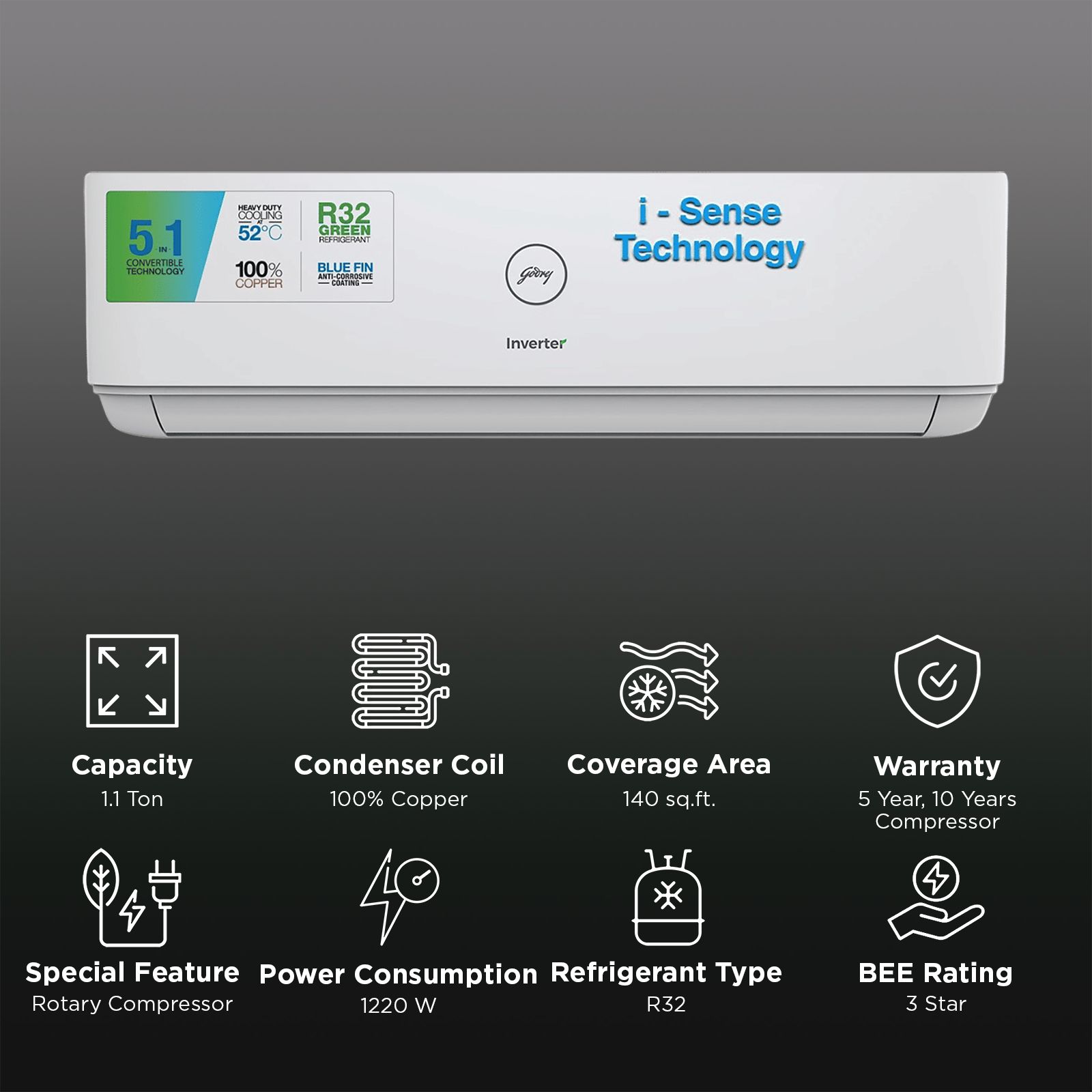Godrej Turbo Chill SIC 13DTC3 WWB 5 in 1 Convertible 1.1 Ton 3 Star Inverter Split AC with I-Sense Technology (Copper Condenser, 40101701SD01257) Godrej Turbo Chill SIC 13DTC3 WWB 5 in 1 Convertible 1.1 Ton 3 Star Inverter Split AC with I-Sense Technology (Copper Condenser, 40101701SD01257)_2