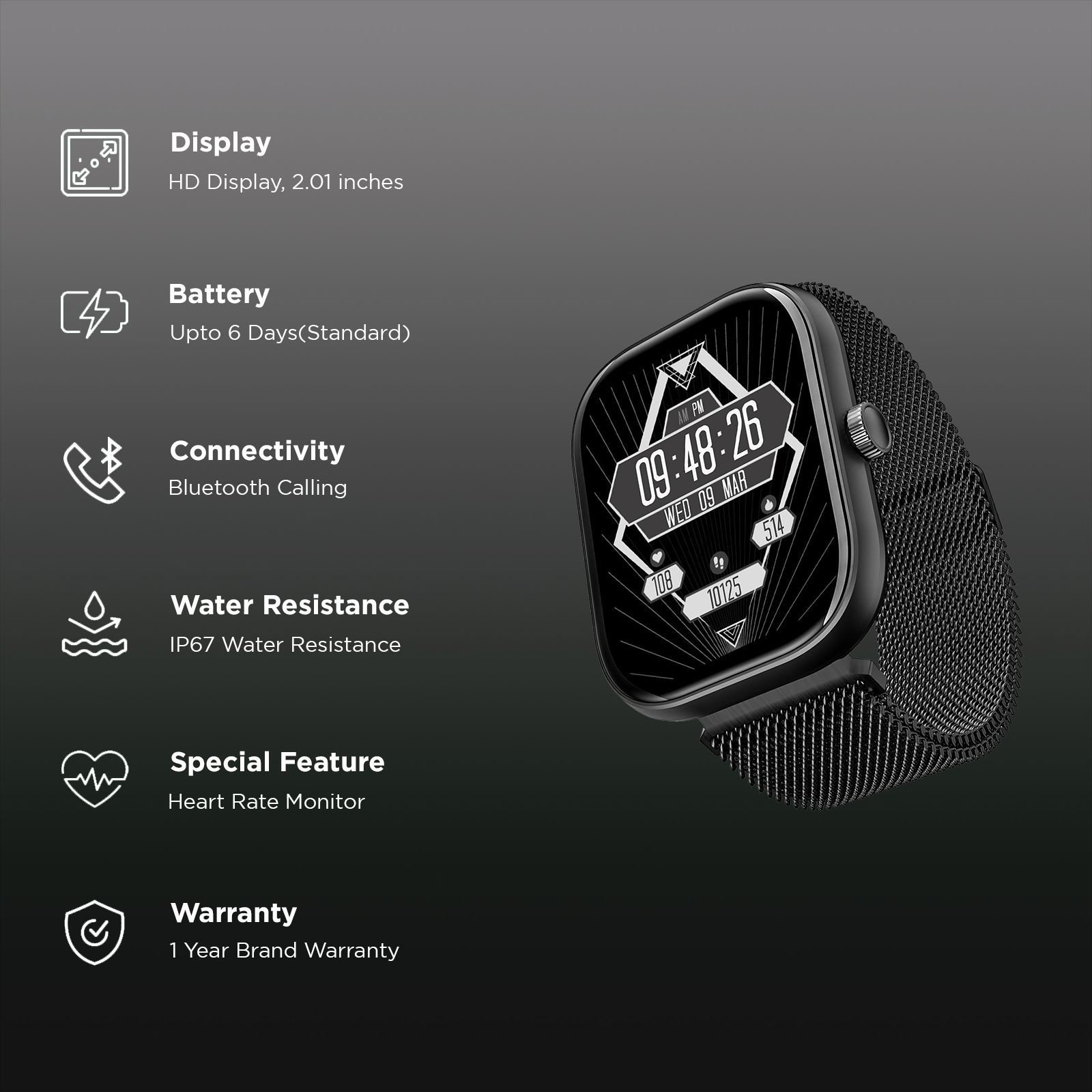 boAt Wave Sigma Smartwatch with Bluetooth Calling (51mm HD Display, IP67 Water Resistant, Metal Black Strap)_2