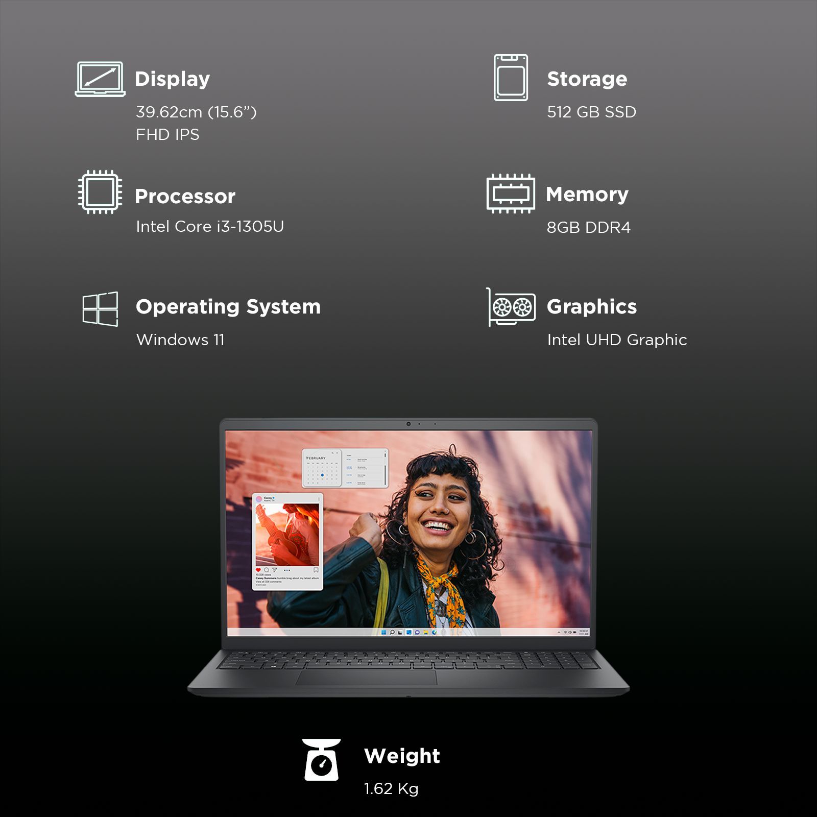 DELL Inspiron 15 3530 Intel Core i3 13th Gen Thin & Light Laptop (8GB RAM, 512GB SSD, Windows 11 Home, 15.6 inch Full HD IPS Display, MS Office Home 2024, Carbon Black, 1.62 KG)_3