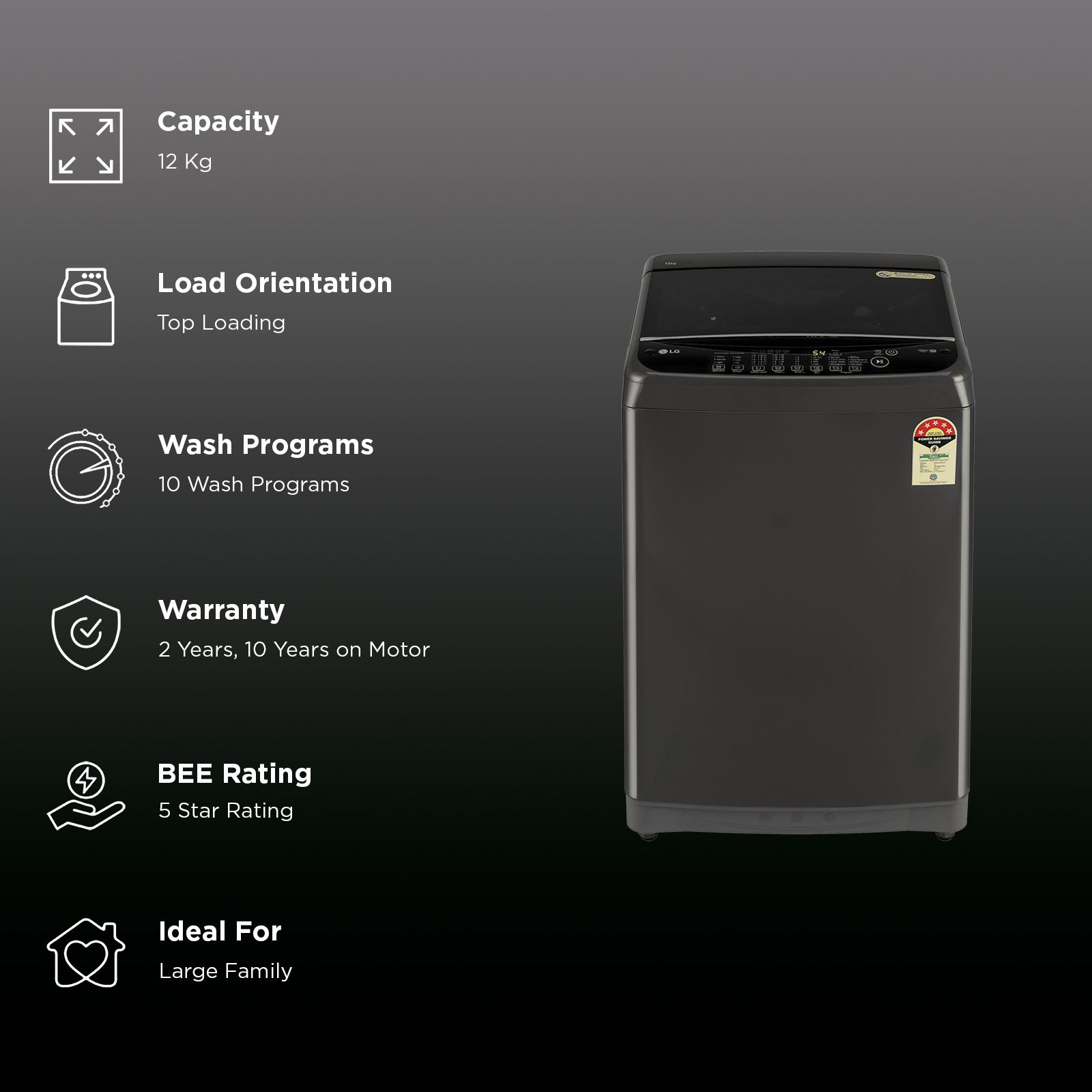 LG 12 kg 5 Star Inverter Fully Automatic Top Load Washing Machine (T12SJMB1Z, Smart Inverter Motor, Middle Black)_3