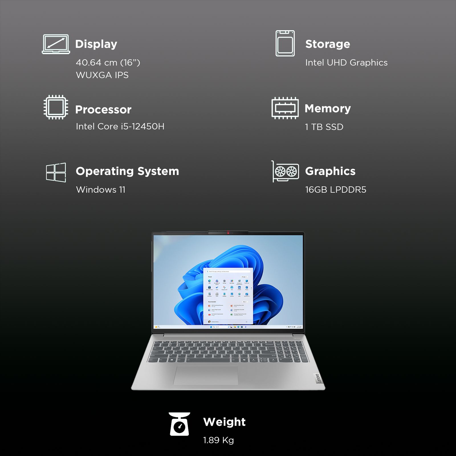 Lenovo IdeaPad Slim 5 16IAH8 Intel Core i5 12th Gen Thin & Light Laptop (16GB, 1TB SSD, Windows 11 Home, 16 inch WUXGA IPS Display, MS Office 2021, Cloud Grey, 1.89 KG)_3