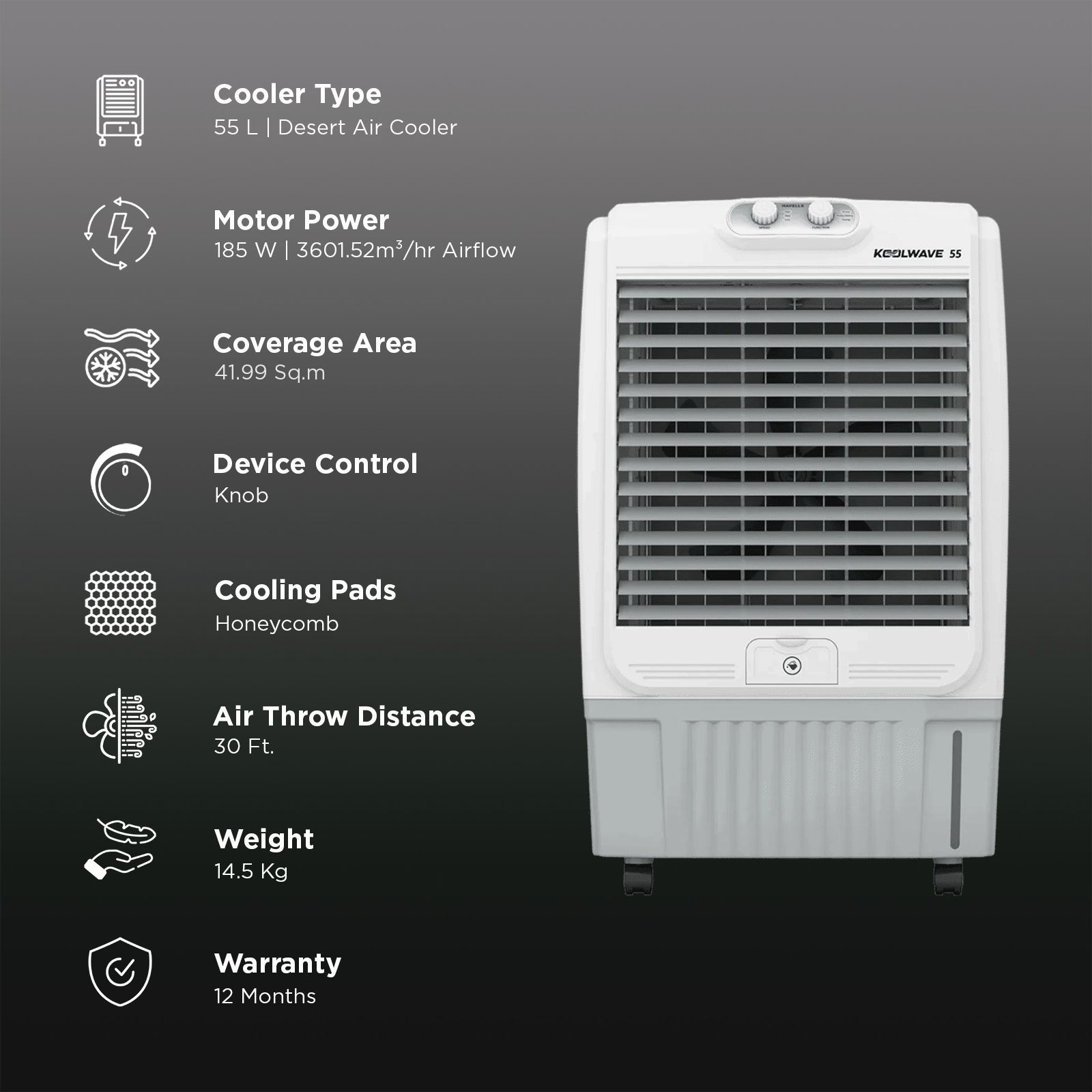 HAVELLS KoolWave 55 Litres Desert Air Cooler with Double Ball Bearing Motor (Fully Collapsible Louvers, White & Grey) HAVELLS KoolWave 55 Litres Desert Air Cooler with Double Ball Bearing Motor (Fully Collapsible Louvers, White & Grey)_3
