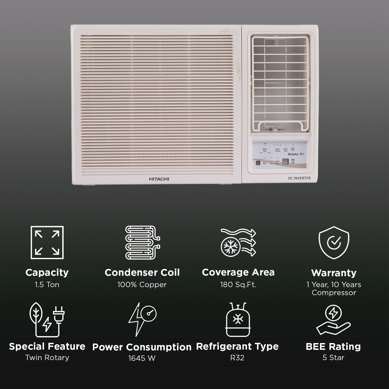 HITACHI Shizuka 1.5 Ton 5 Star Inverter Window AC (Copper Condenser, RAW518HHEO) HITACHI Shizuka 1.5 Ton 5 Star Inverter Window AC (Copper Condenser, RAW518HHEO)_2