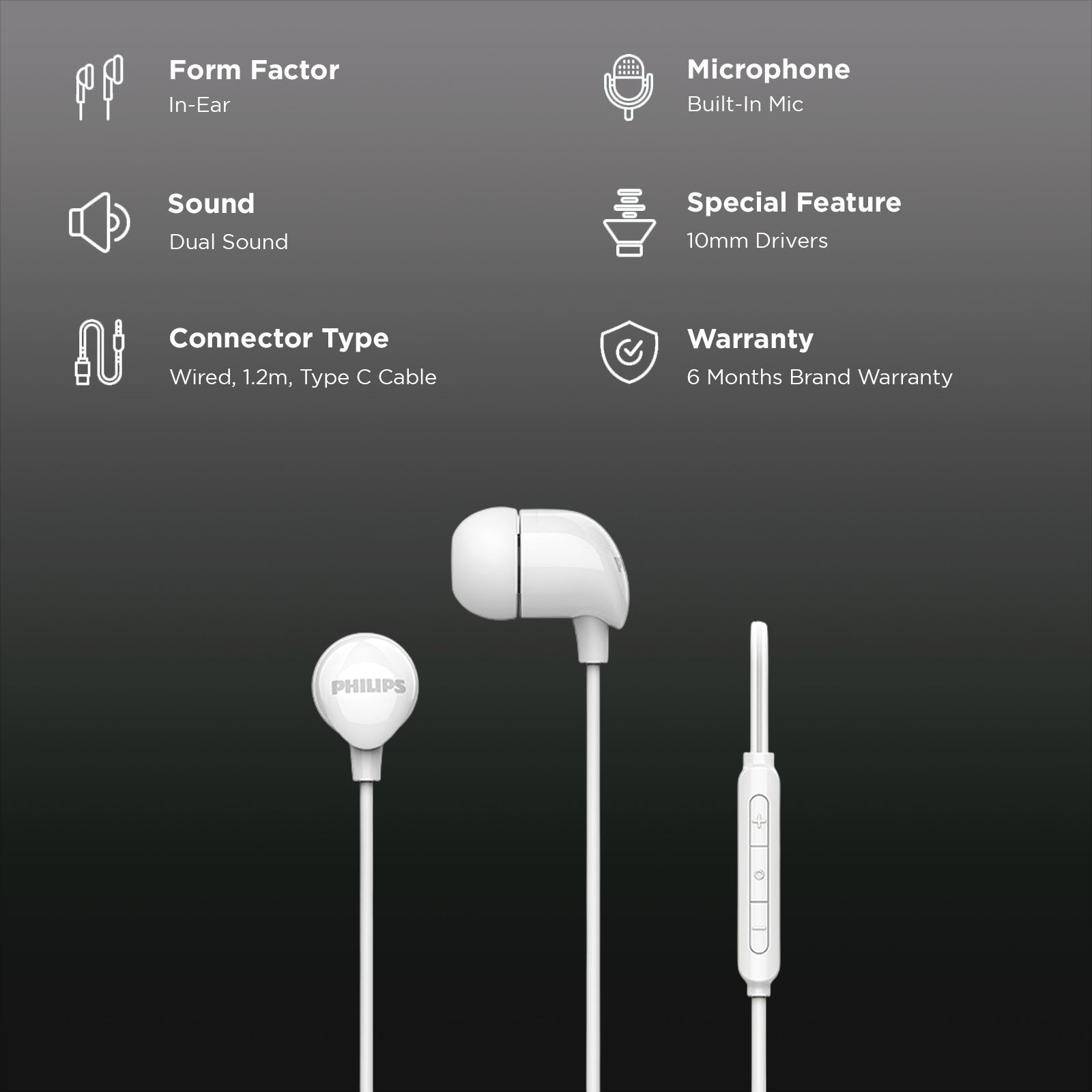 PHILIPS TAE2146 Wired Earphone with Mic (USB Type-C Connector, In Ear, White)_2