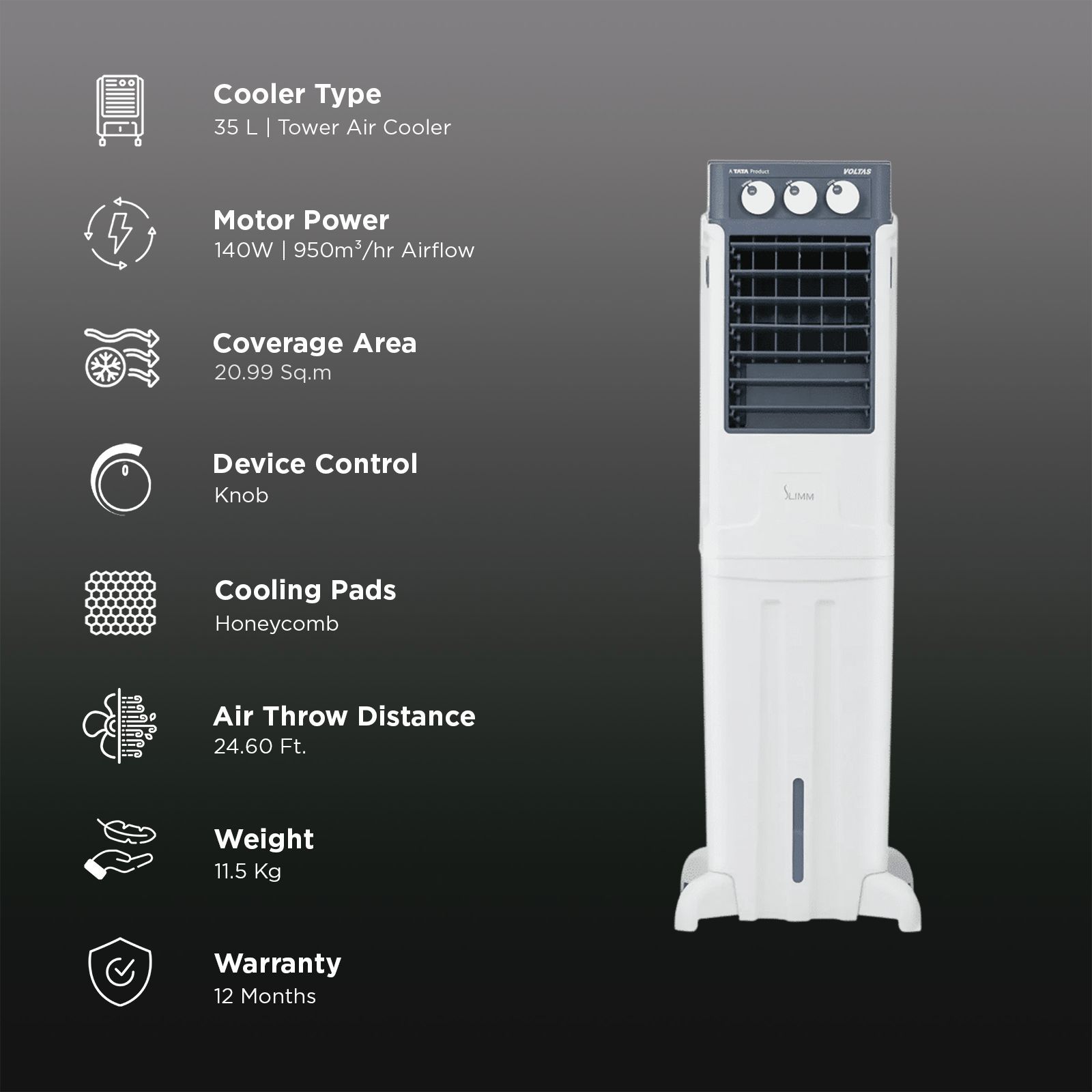 VOLTAS Slimm 35 Litres Tower Air Cooler with Ice Chamber (Auto Swing, White & Grey)_3