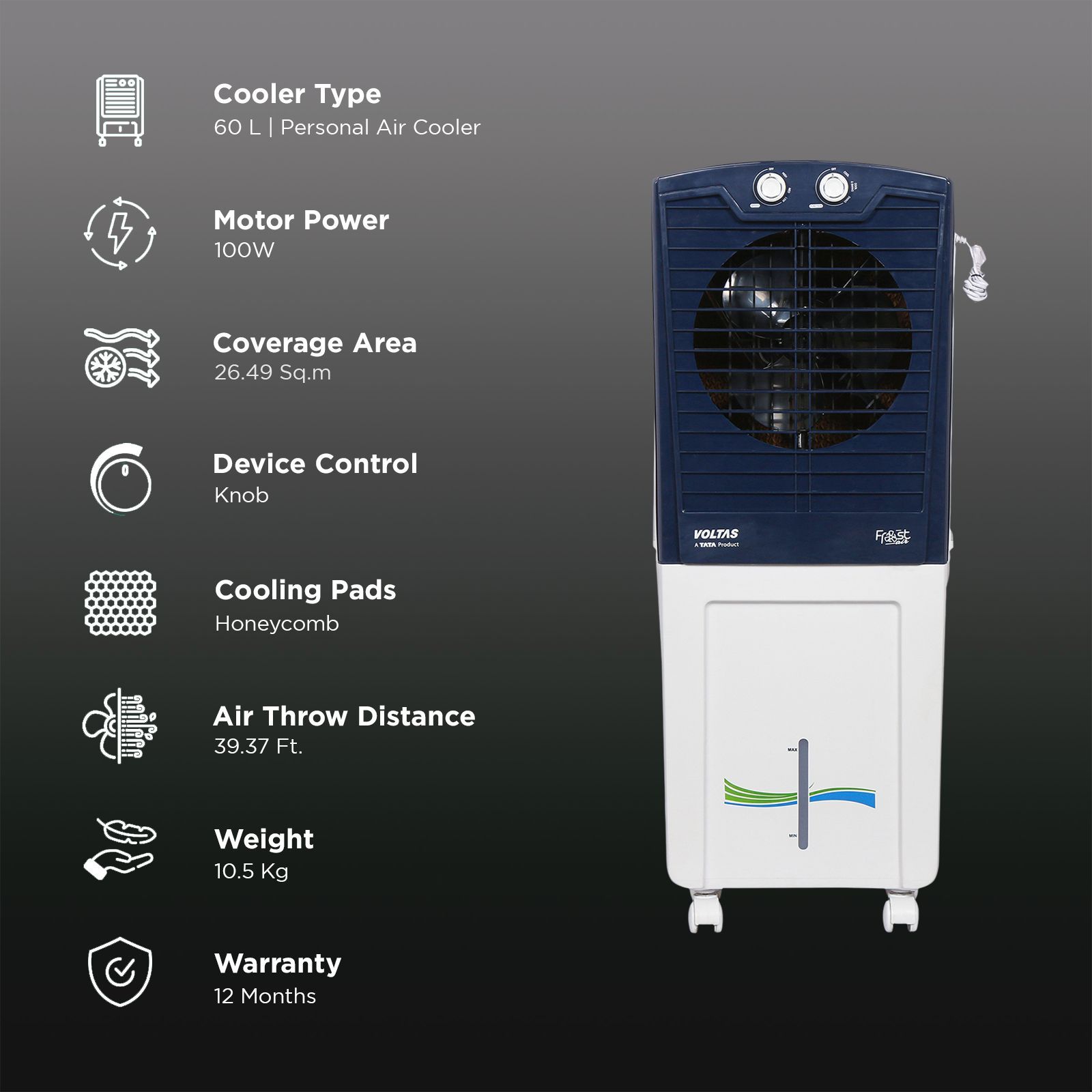 VOLTAS Frost Air 60 Litres Personal Air Cooler with Thermal Overload Protection (3 Speed Control, Oxford Blue)_3
