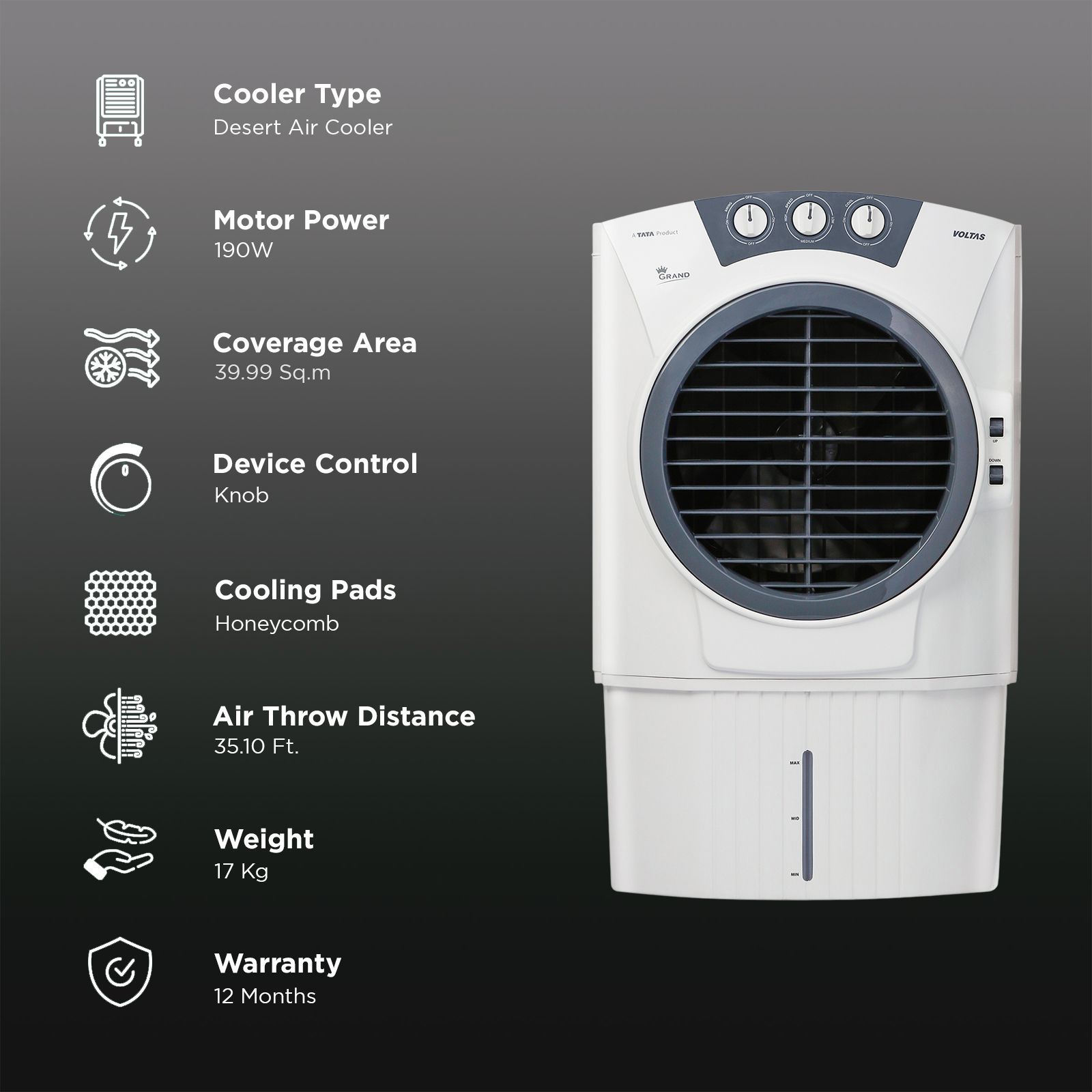 VOLTAS Grand 72 Litres Desert Air Cooler with Thermal Overload Protection (3 Speed Control, White & Grey) VOLTAS Grand 72 Litres Desert Air Cooler with Thermal Overload Protection (3 Speed Control, White & Grey)_3