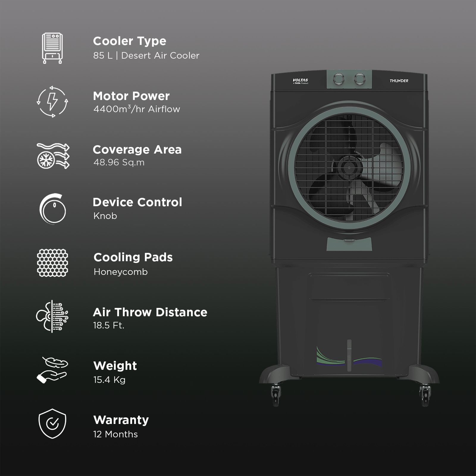 VOLTAS Thunder 85 Litres Desert Air Cooler with Thermal Overload Protection (3 Speed Control, Dark Grey) VOLTAS Thunder 85 Litres Desert Air Cooler with Thermal Overload Protection (3 Speed Control, Dark Grey)_3