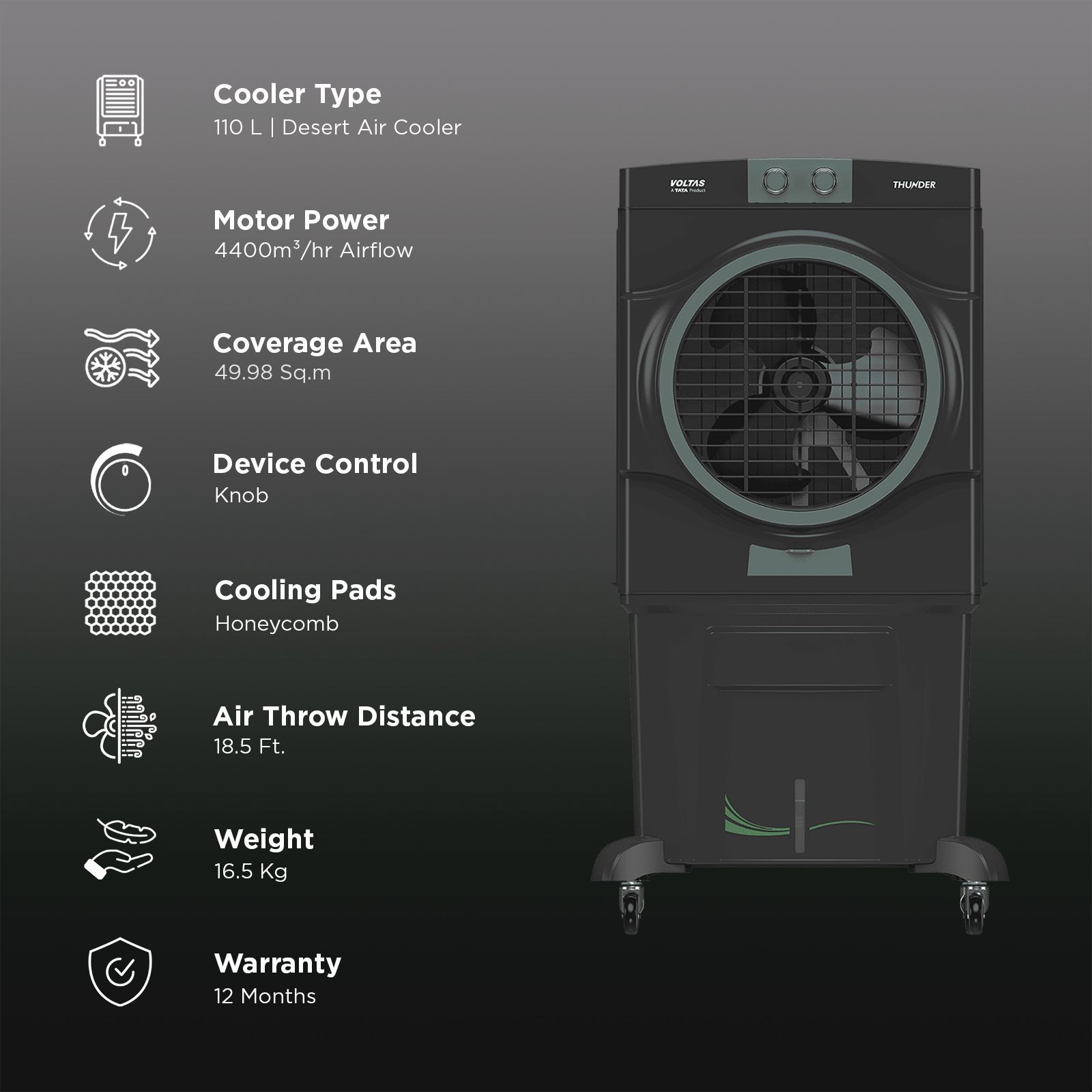 VOLTAS Thunder 110 Litres Desert Air Cooler with Thermal Overload Protection (3 Speed Control, Dark Grey)_3