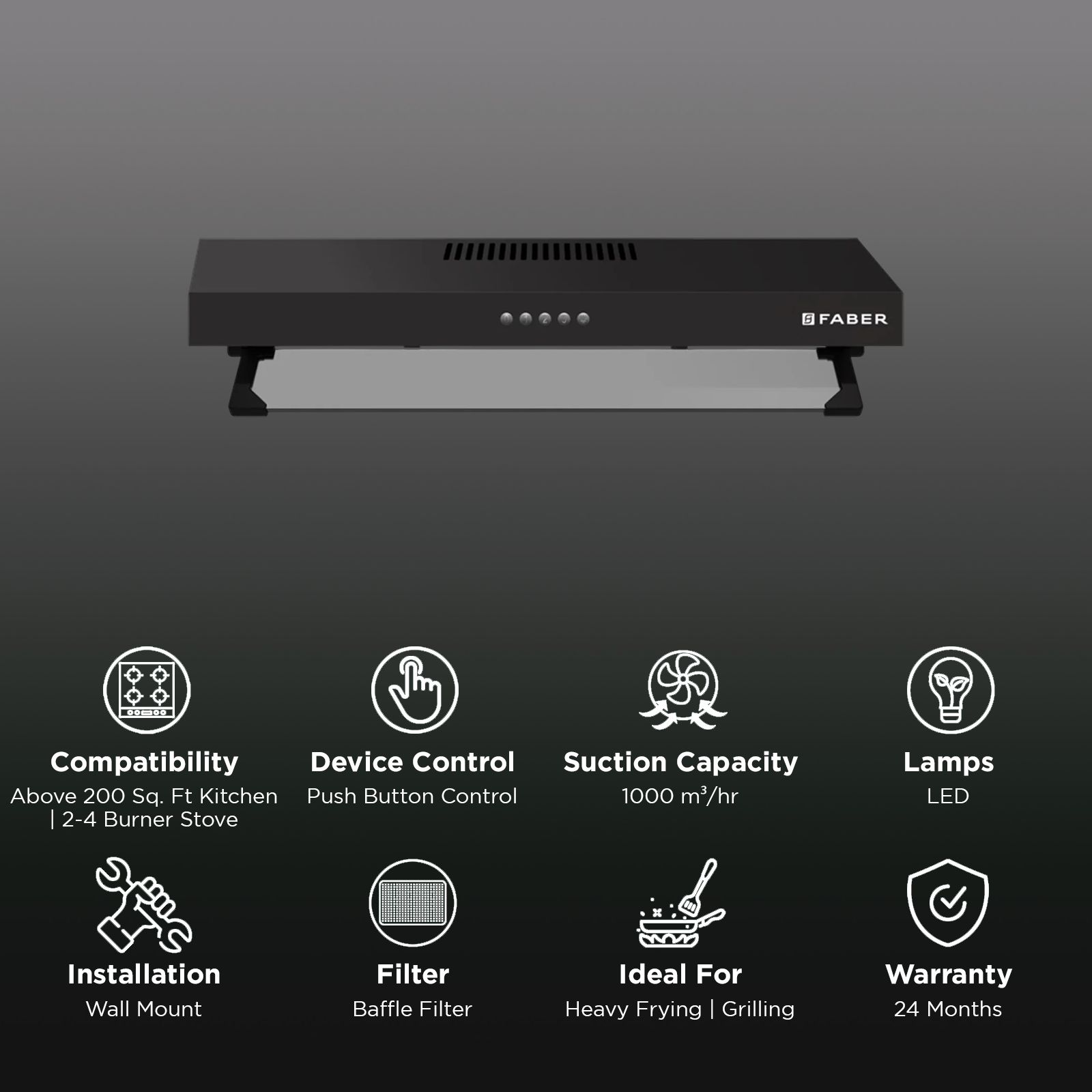 FABER RUBY PB BK IN 60cm 1000m3/hr Ductless Wall Mounted Chimney with Baffle Filter (Black)_2