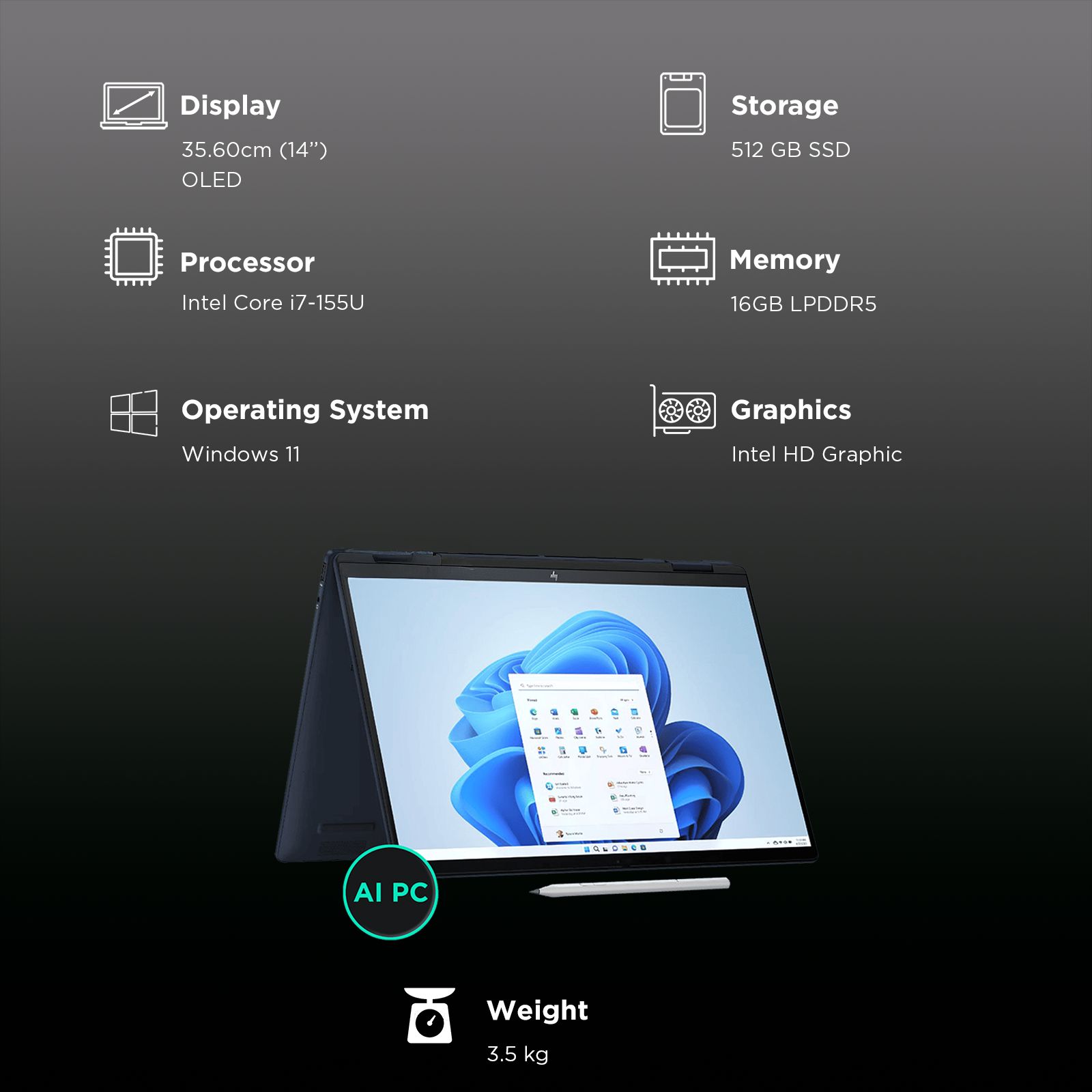 HP Envy X360 Intel Core Ultra 7 Touchscreen 2-in-1 Laptop (16GB, 512GB SSD, Windows 11, 14 inch OLED Display, MS Office Home & Student 2021, Atmospheric Blue, 3.5 KG)_3