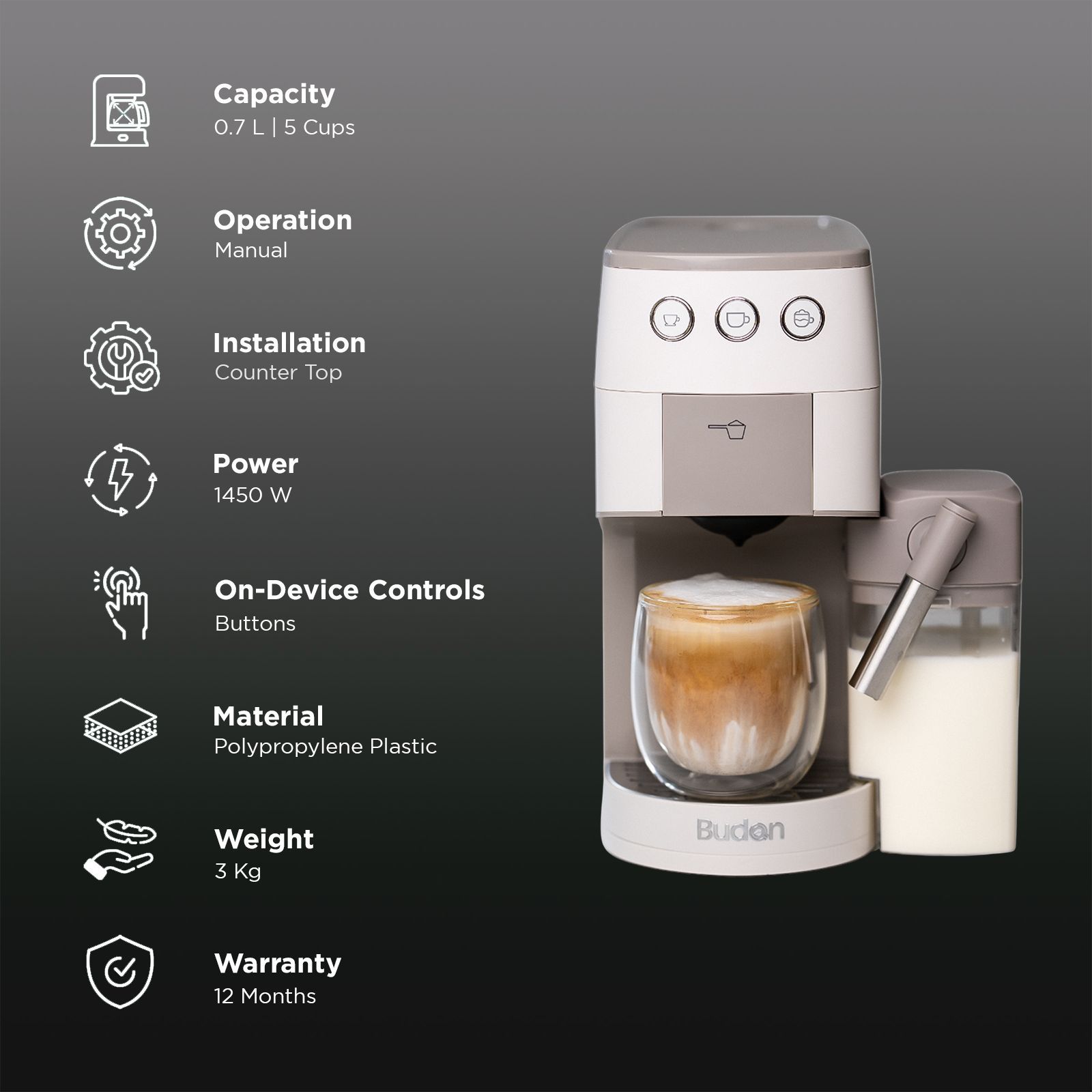 Budan BUDEM096 1450 Watt 5 Cups Manual Cappuccino, Latte & Espresso Coffee Maker with Integrated Milk Container (Grey)_3