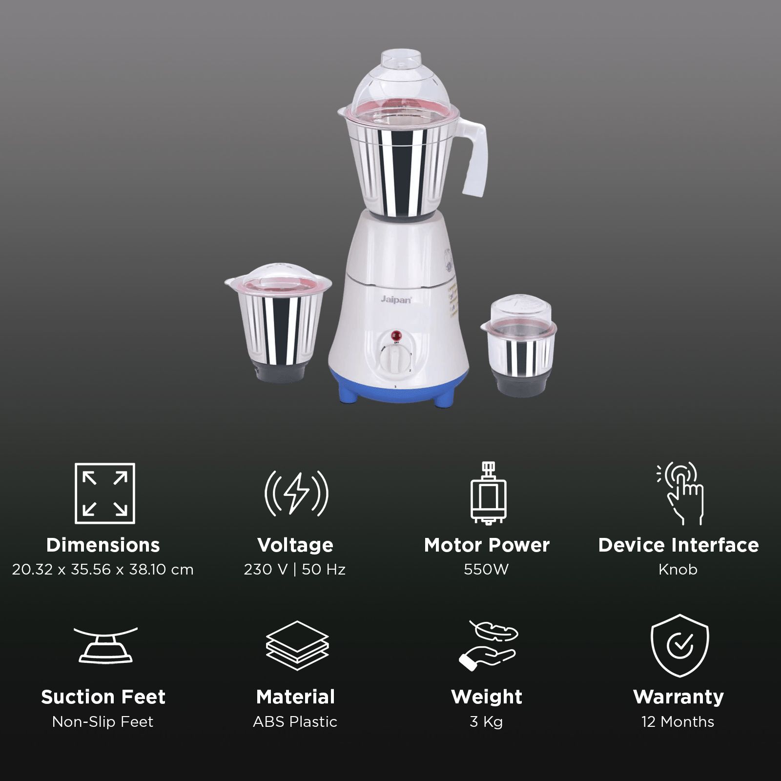 Jaipan Kitchen Gold 550 Watt 3 Jars Mixer Grinder (Leak Proof Unbreakable, White) Jaipan Kitchen Gold 550 Watt 3 Jars Mixer Grinder (Leak Proof Unbreakable, White)_3