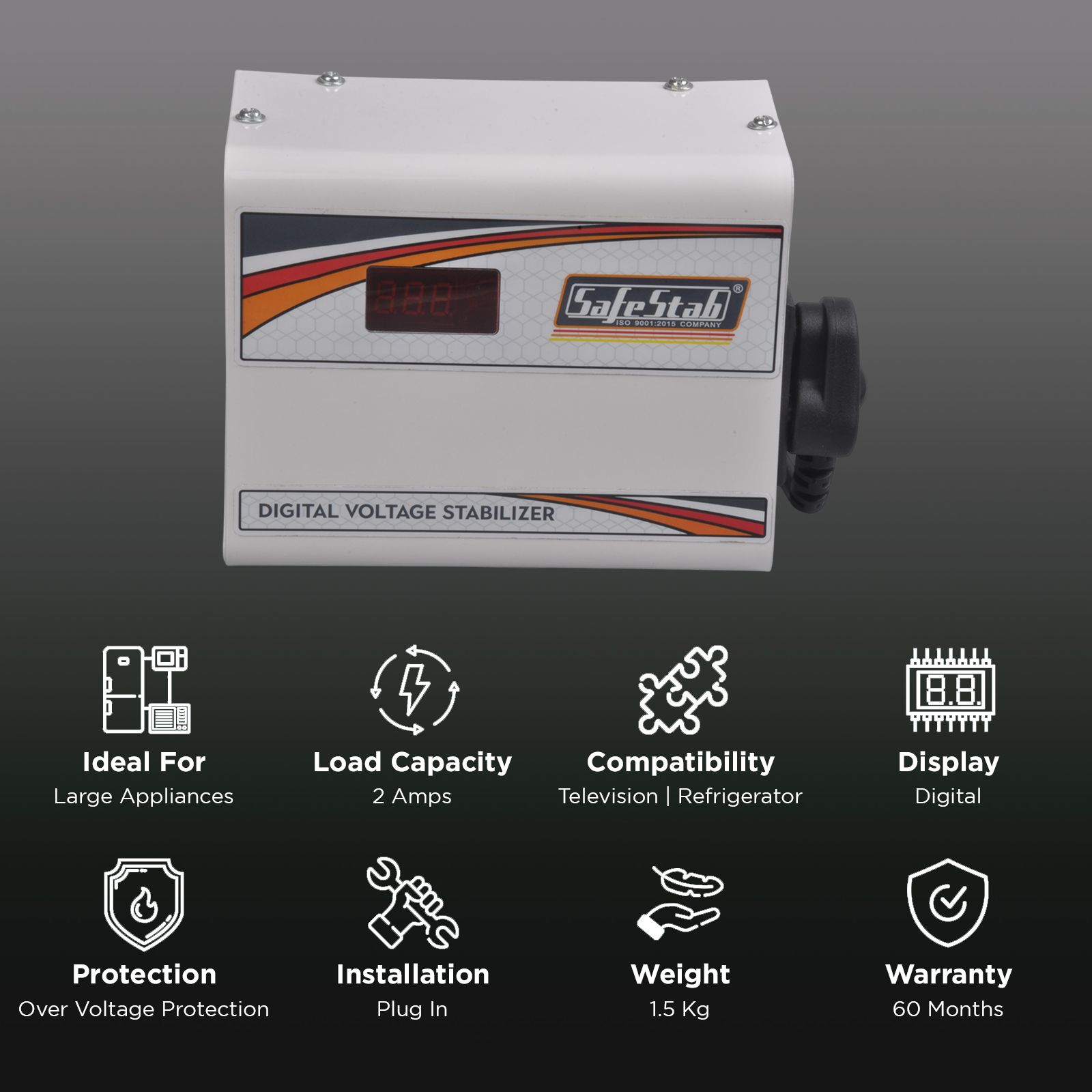 SafeStab Multi 50 2 Amps Voltage Stabilizer For 108cm (43") TV or 300 Liters Refrigerator (White)_2