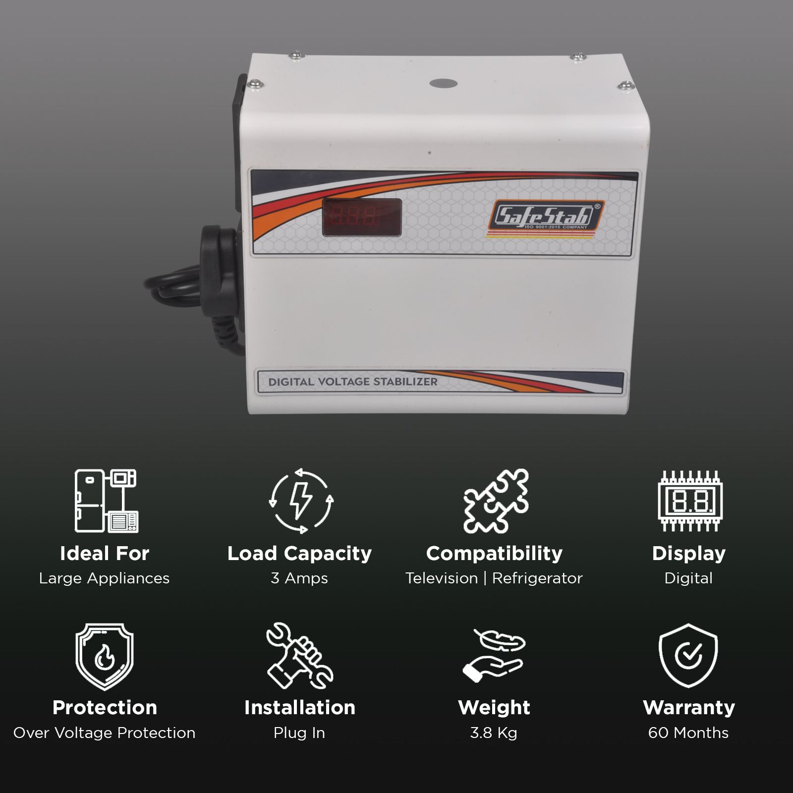 SafeStab Multi 100 3 Amps Voltage Stabilizer For 165cm (65") TV or 600 Liters Refrigerator (White) SafeStab Multi 100 3 Amps Voltage Stabilizer For 165cm (65") TV or 600 Liters Refrigerator (White)_2