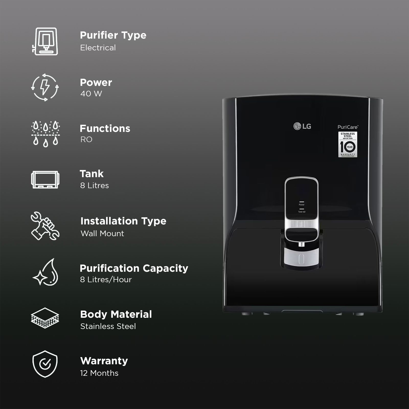 LG WW131NP 8L RO Water Purifier with Multi Stage Filtration (Solid Black)_3