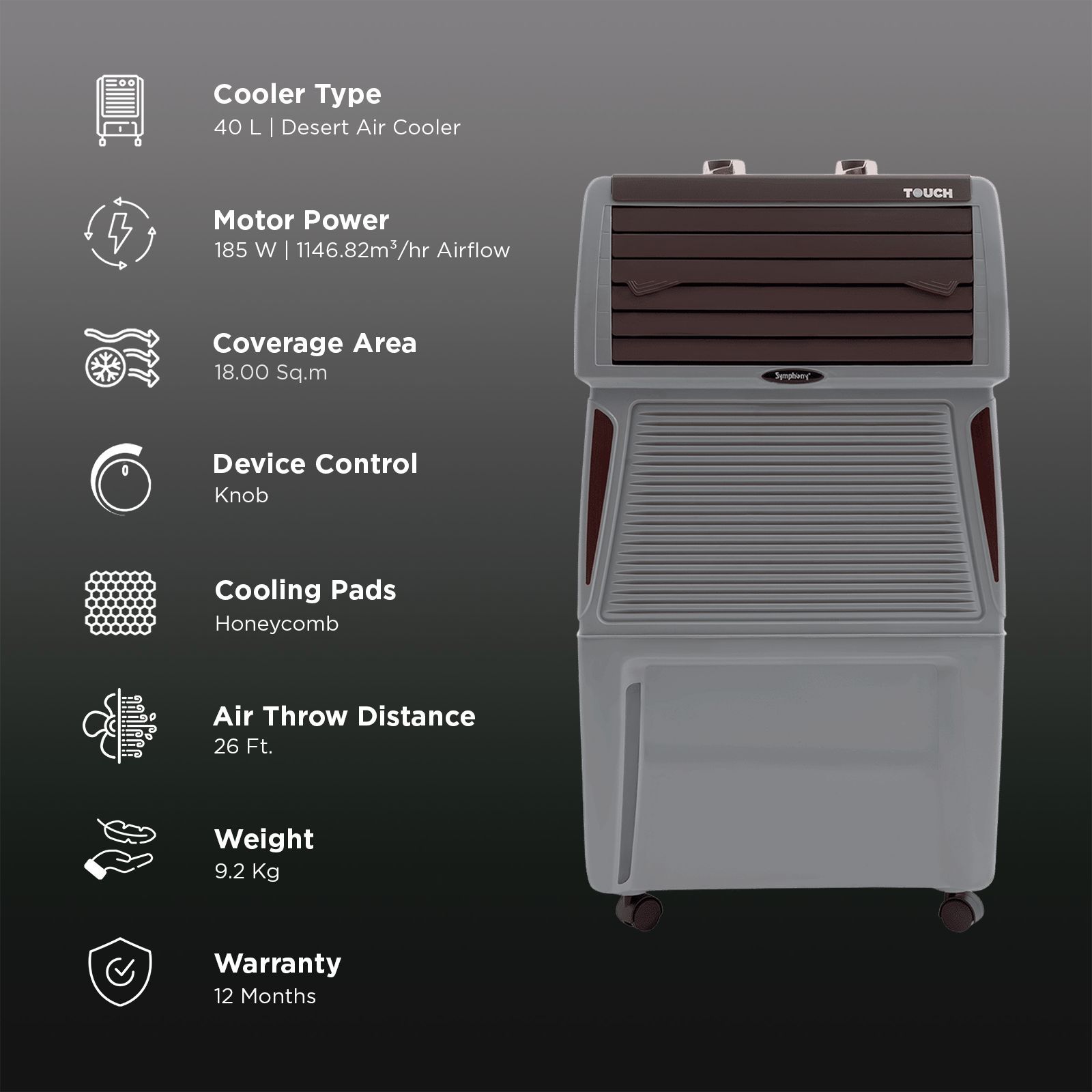 Symphony Touch 40 Litres Desert Air Cooler with CFD Technology (Inverter Compatible, Grey & Brown) Symphony Touch 40 Litres Desert Air Cooler with CFD Technology (Inverter Compatible, Grey & Brown)_3