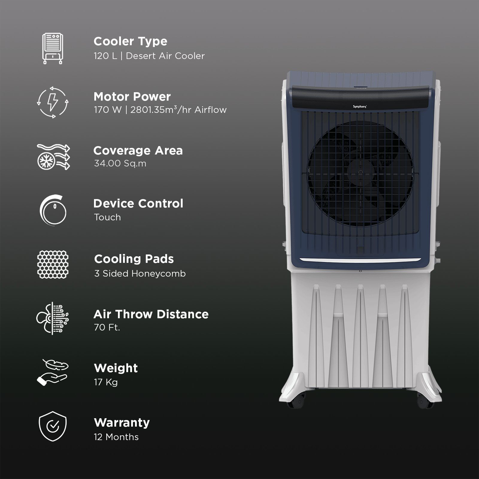 Symphony Silenzo 120i 120 Litres Desert Air Cooler with CFD Technology (Inverter Compatible, Grey & Blue) Symphony Silenzo 120i 120 Litres Desert Air Cooler with CFD Technology (Inverter Compatible, Grey & Blue)_3