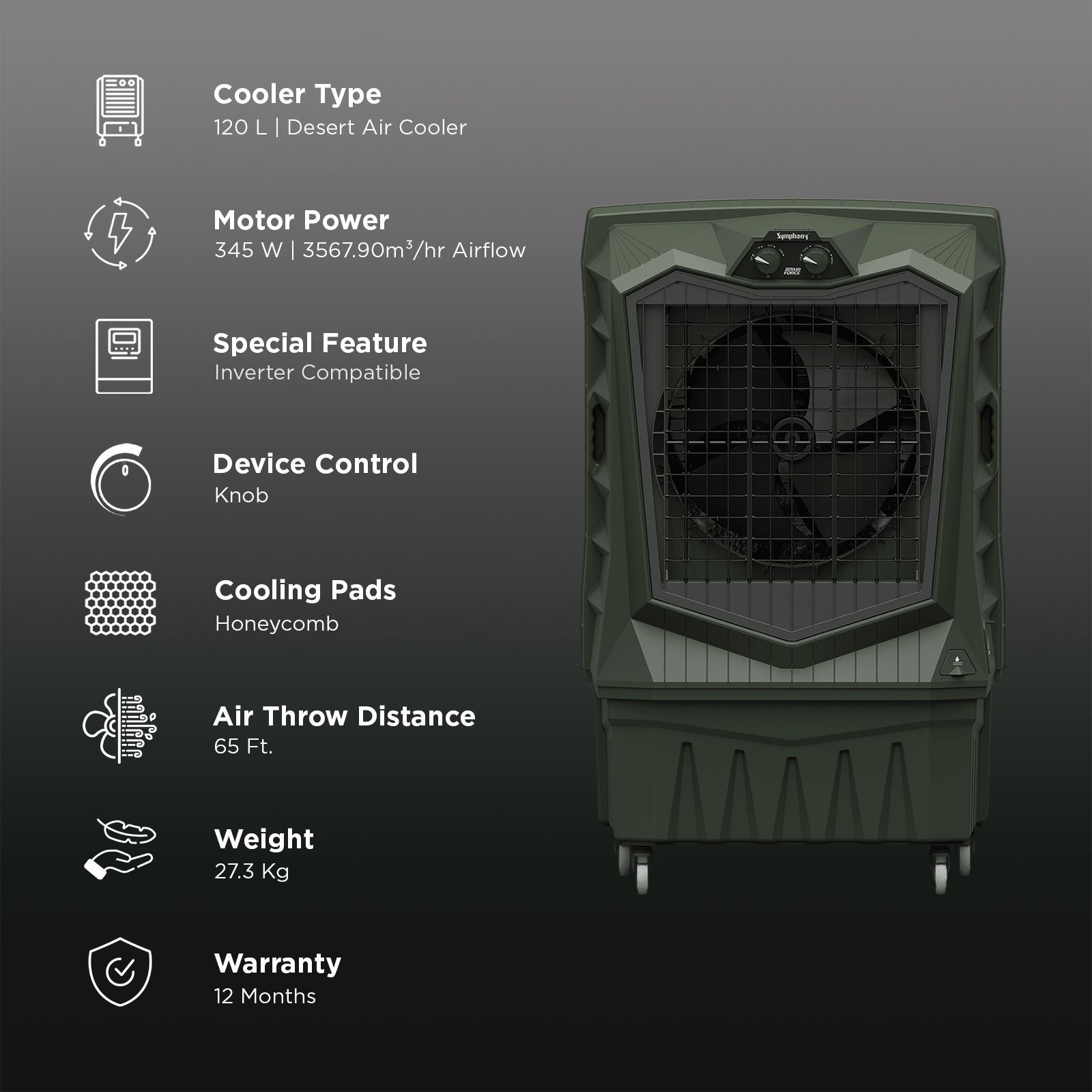 Symphony Air Force 120 Litres Desert Air Cooler with Xtra Power Jet Fan (Inverter Compatible, Militry Green) Symphony Air Force 120 Litres Desert Air Cooler with Xtra Power Jet Fan (Inverter Compatible, Militry Green)_3