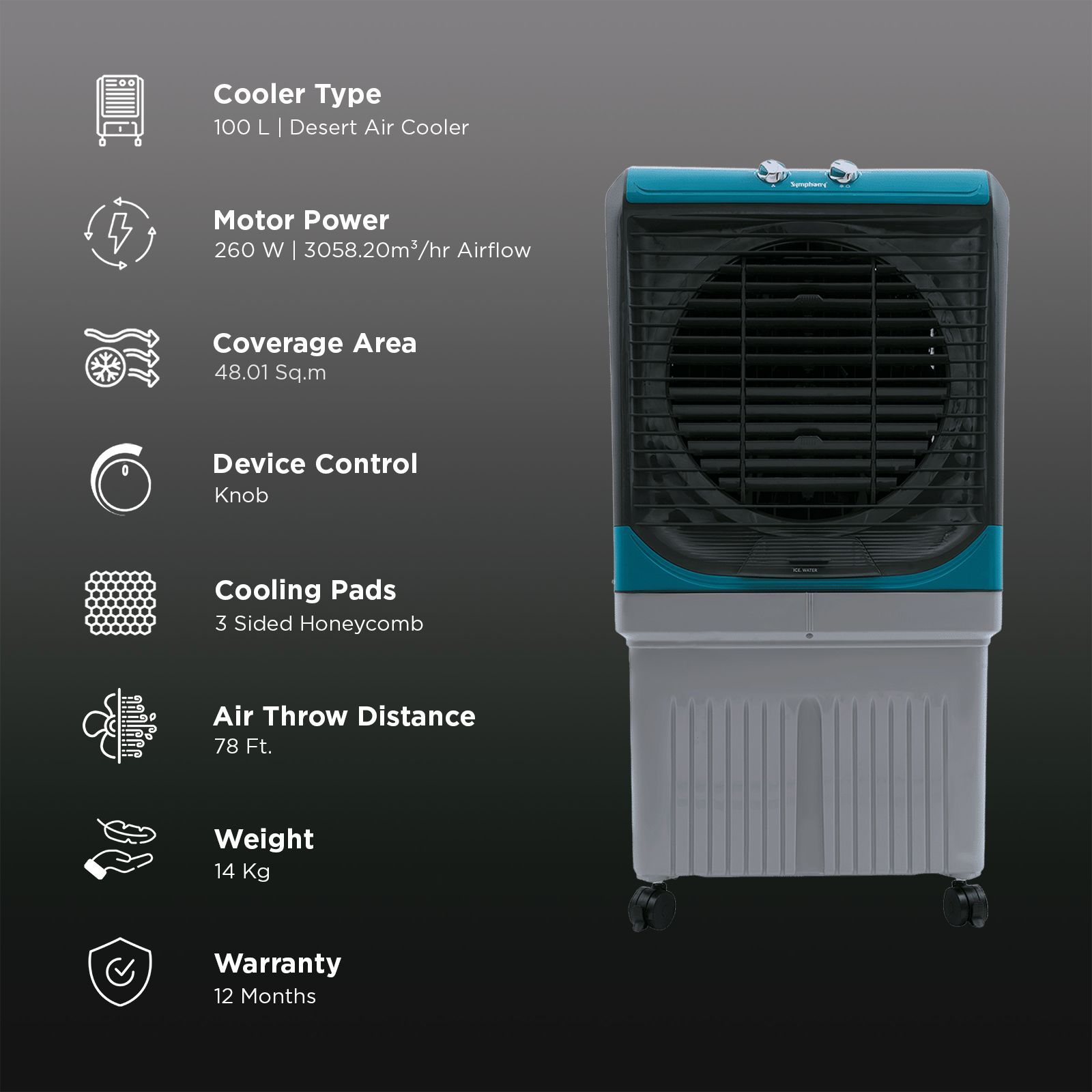Symphony Maxwind 100EX 100 Litres Desert Air Cooler with CFD Technology (Inverter Compatible, Grey & Blue)_3