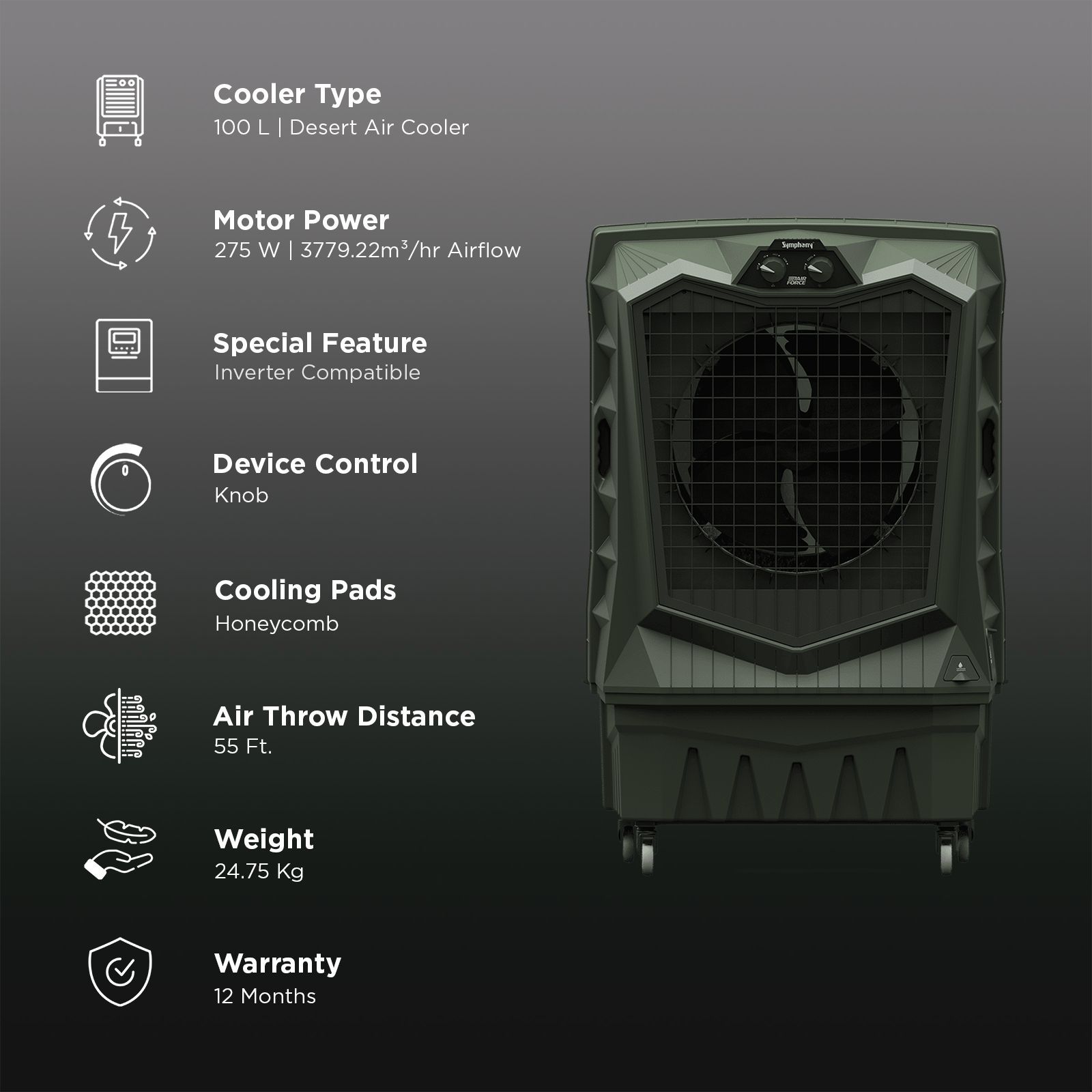 Symphony Air Force 100 Litres Desert Air Cooler with Xtra Power Jet Fan (Inverter Compatible, Militry Green)_3