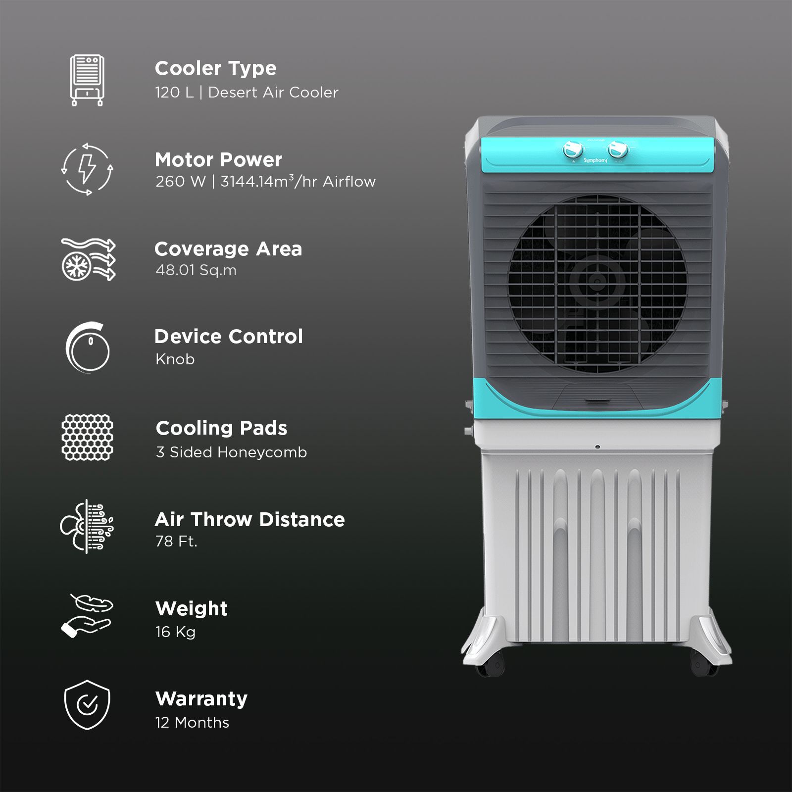 Symphony Maxwind 120EX 120 Litres Desert Air Cooler with CFD Technology (Inverter Compatible, Grey & Blue)_3