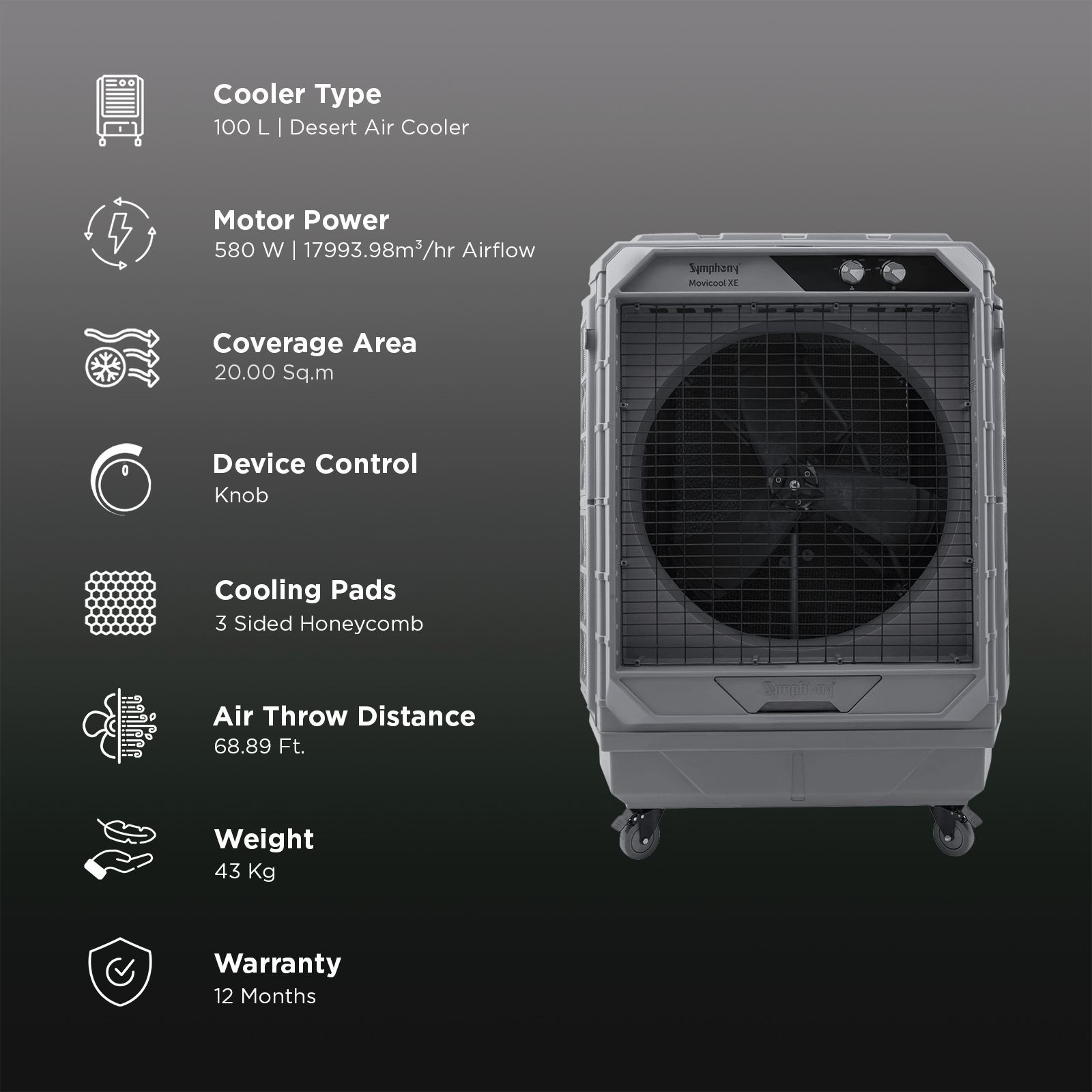 Symphony Movicool XE 100 Litres Desert Air Cooler with CFD Technology (Inverter Compatible, Grey) Symphony Movicool XE 100 Litres Desert Air Cooler with CFD Technology (Inverter Compatible, Grey)_3