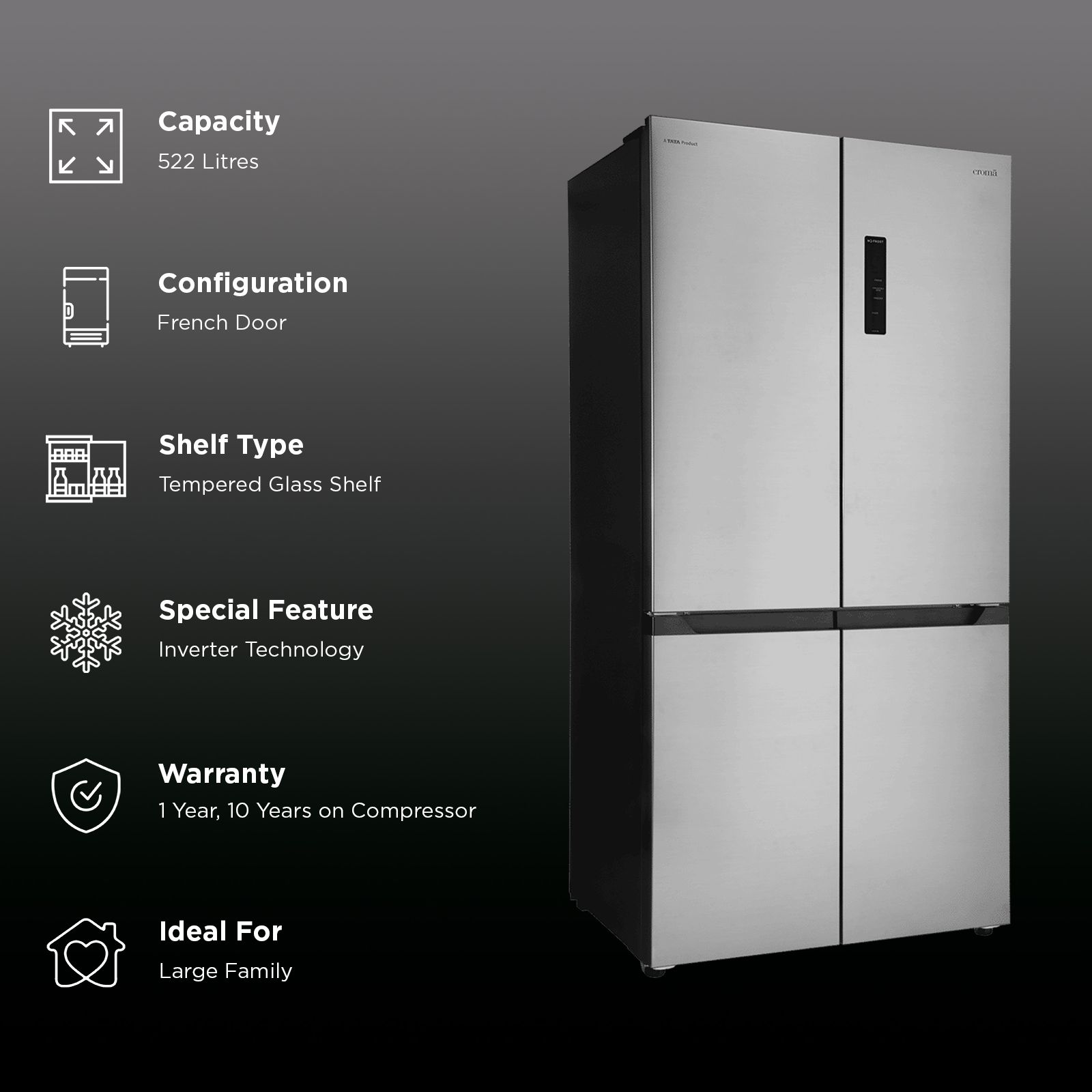 Croma 522 Litres Frost Free French Door Convertible Refrigerator with Multi Airflow (CRLR522MDA342495, Inox)_2